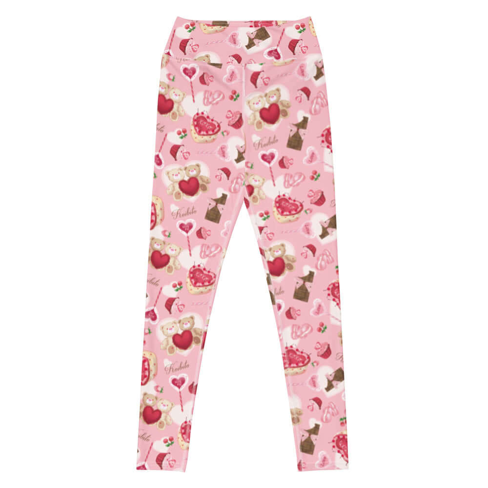 High-waisted Sugar Sweetheart Leggings feature a cute pink pattern, perfect for a stylish and comfy Valentine's look.