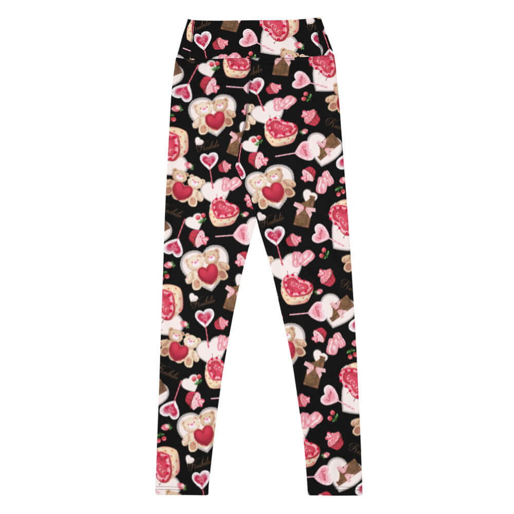 High-waisted Sugar Sweetheart Leggings feature a playful design, perfect for a cozy Valentine’s look.