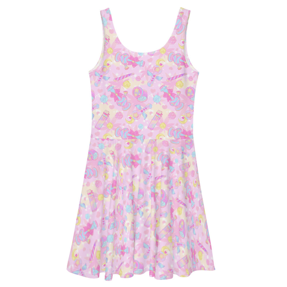 Kawaii Indica Magica Skater Dress featuring playful pastel patterns, perfect for a chill and stylish look.
