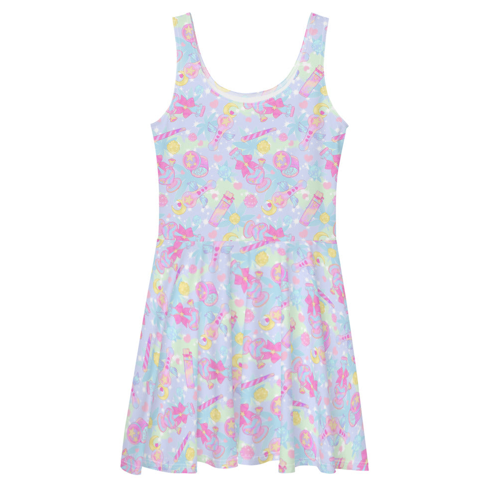 Colorful Indica Magica Skater Dress featuring kawaii designs, perfect for casual outings and fun conversations.