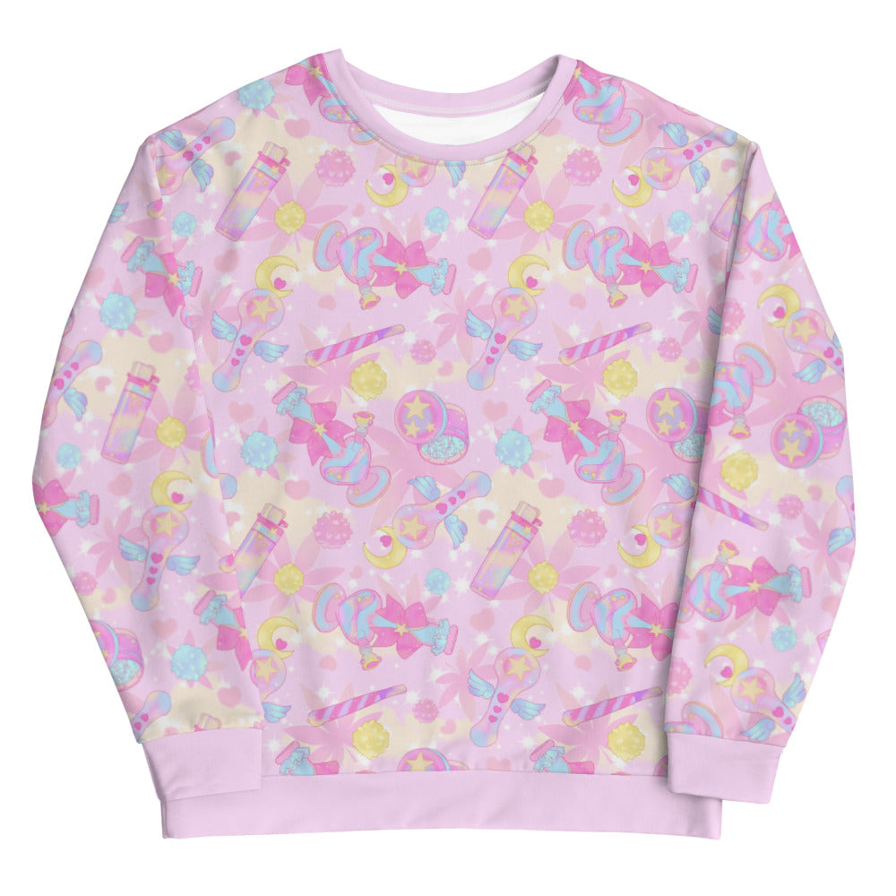 Kawaii Indica Magica Sweatshirt featuring playful pastel patterns, perfect for showcasing your chill vibe.