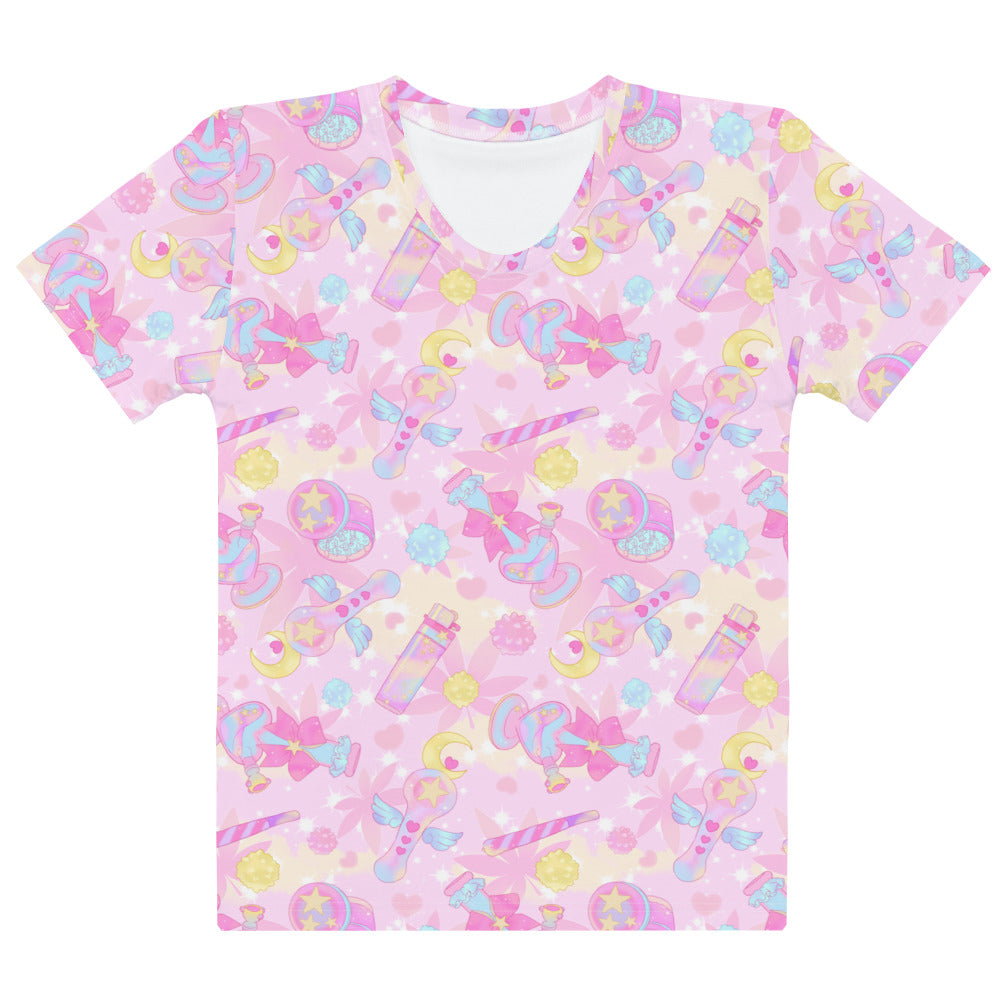 Bright pink Indica Magica T-shirt featuring playful designs, perfect for summer outings and comfortable wear.