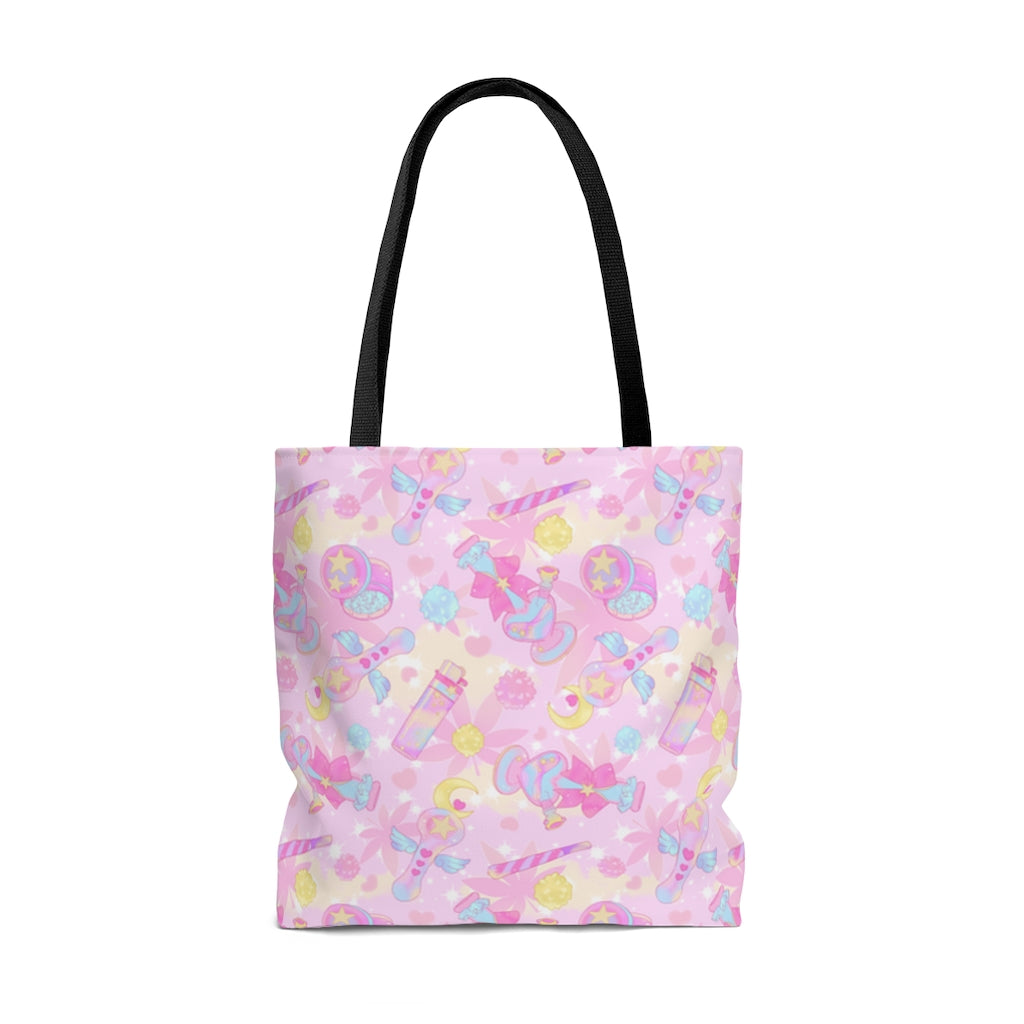 Stylish Indica Magica Tote Bag (Pink) featuring kawaii patterns, perfect for gym or casual outings.