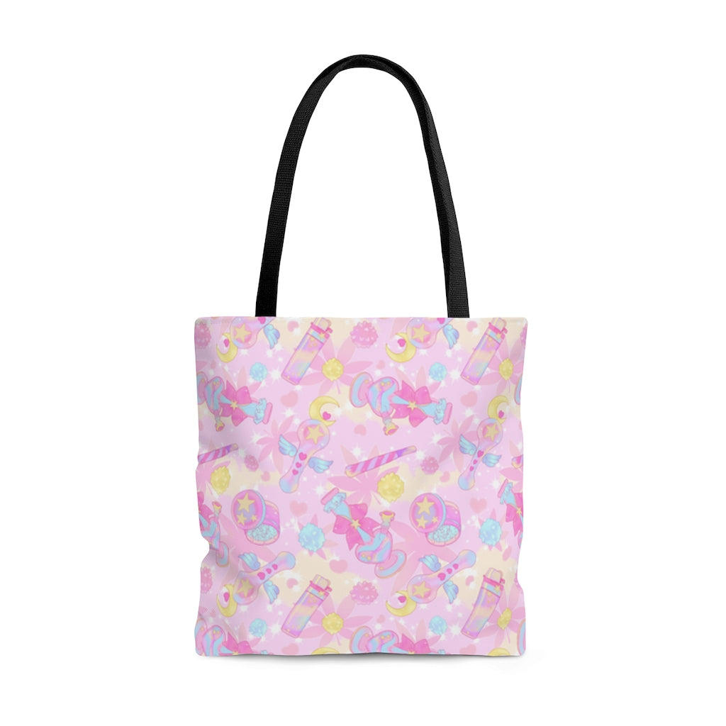 Stylish Indica Magica Tote Bag (Pink) perfect for kawaii outfits and daily use with durable cotton straps.