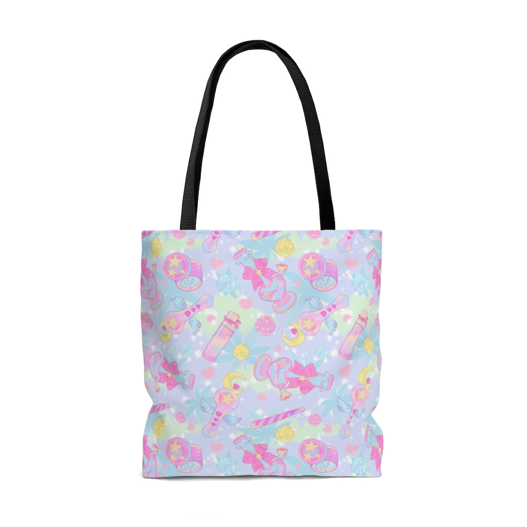 Colorful Indica Magica Tote Bag (Lilac) features a playful design, perfect for kawaii outfits and everyday use.