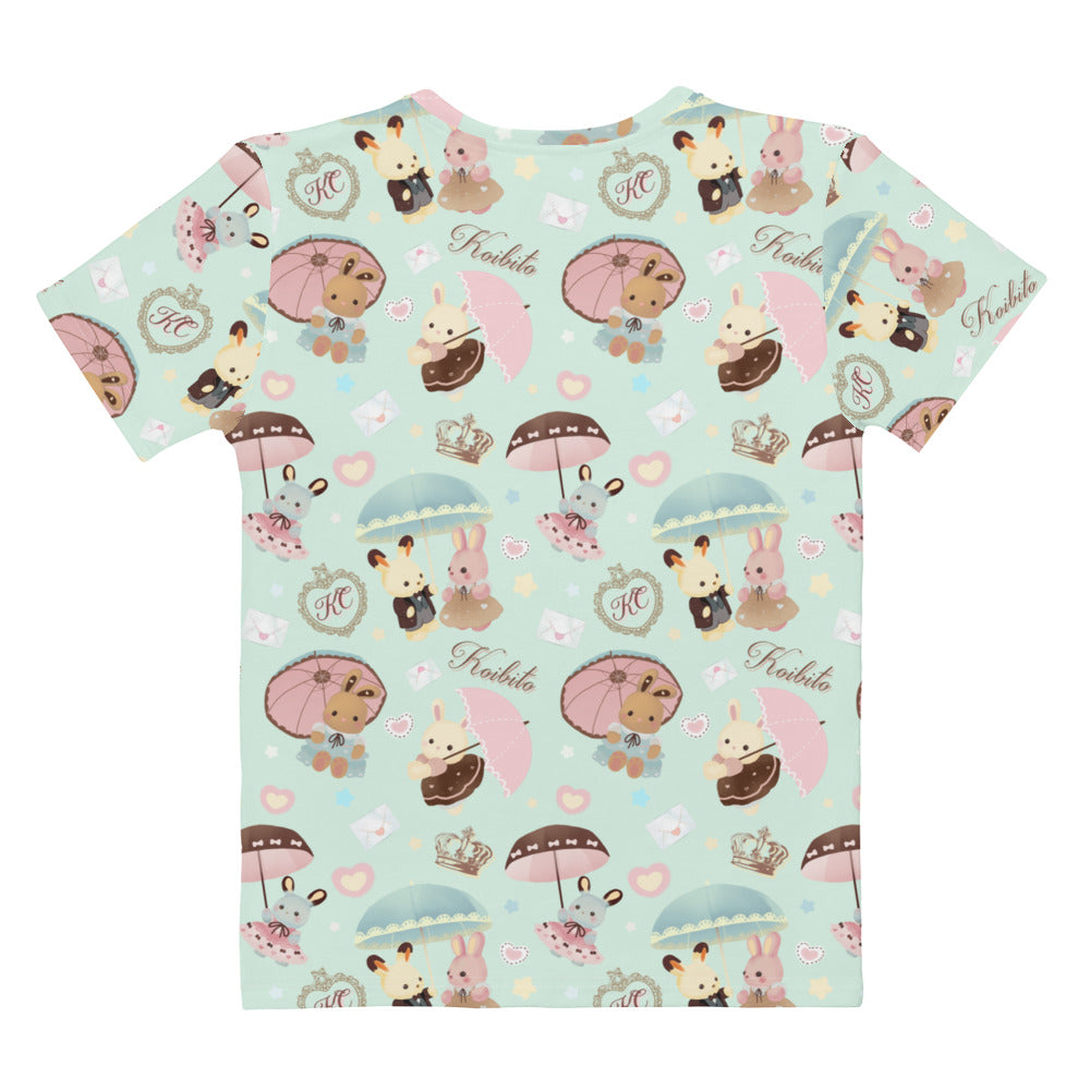 Brighten your spring wardrobe with the Parasol Bunny T-shirt, featuring adorable bunnies and pastel colors.