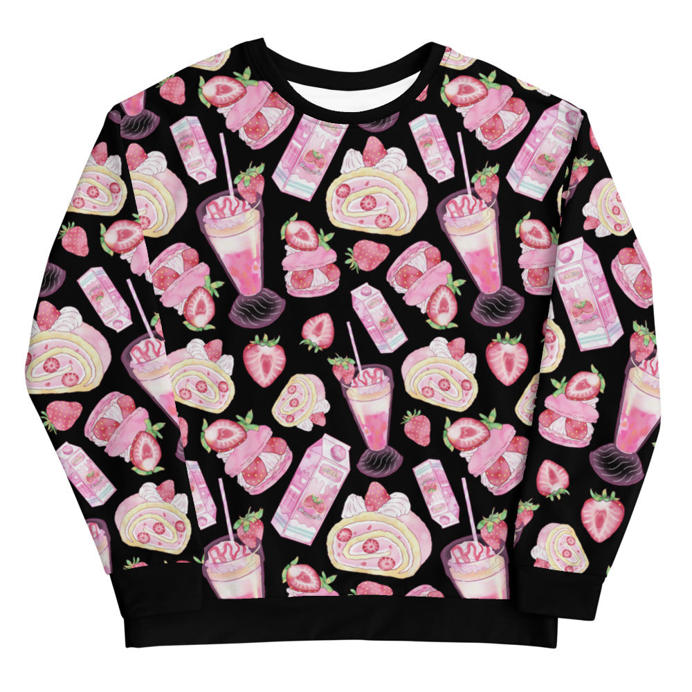 Pastel pink Strawberry Sweatshirt featuring a cute fruit pattern, perfect for a kawaii aesthetic. Ideal for cozy outfits!