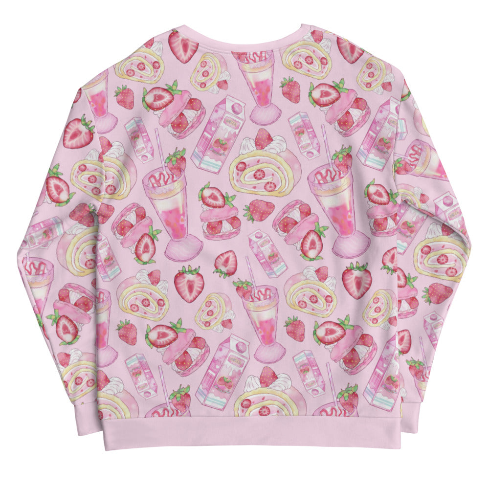Pastel pink Strawberry Sweatshirt featuring a cute fruit pattern, perfect for a kawaii aesthetic and cozy wear.