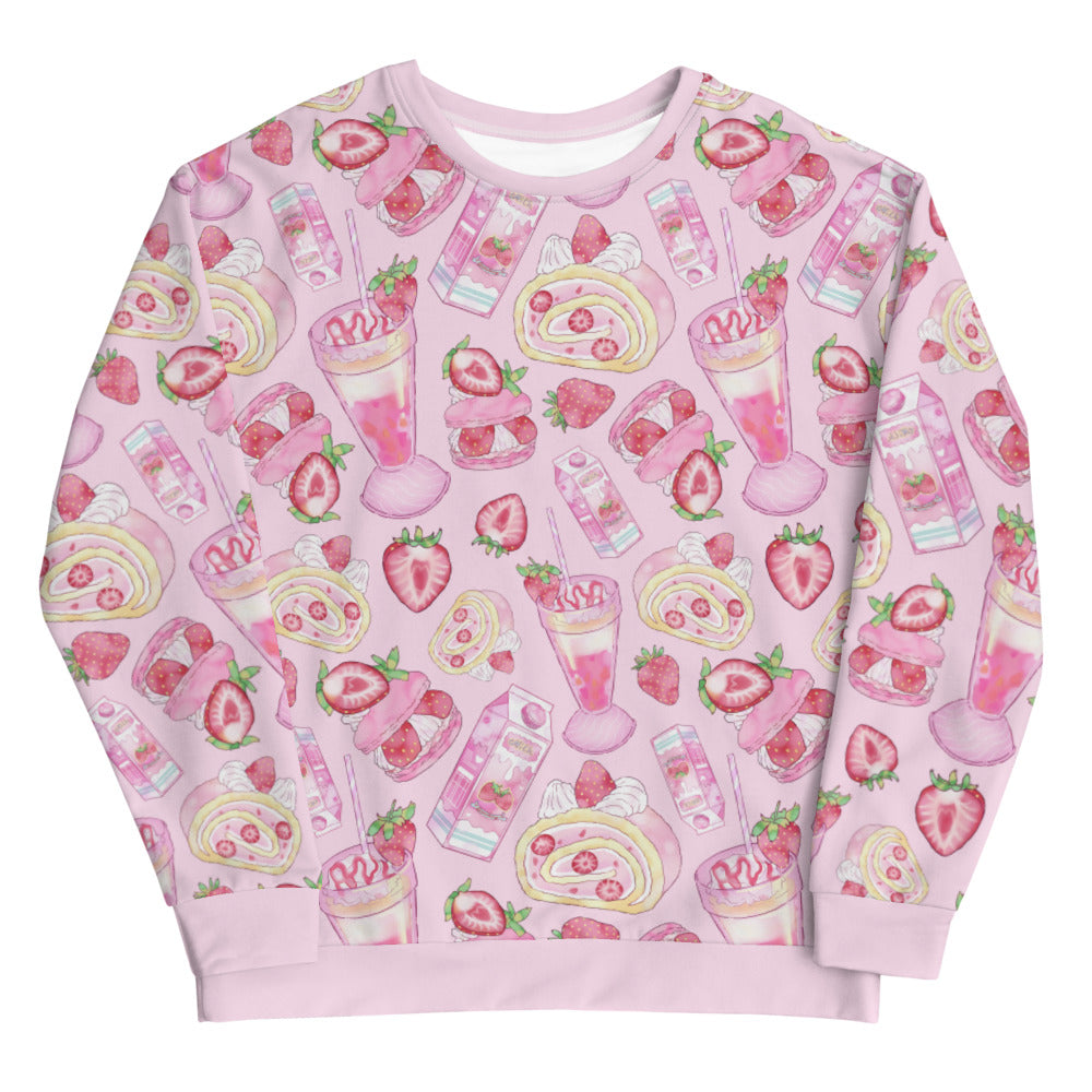 Stylish strawberry sweatshirt in pastel pink, perfect for achieving that kawaii aesthetic with comfort and durability.