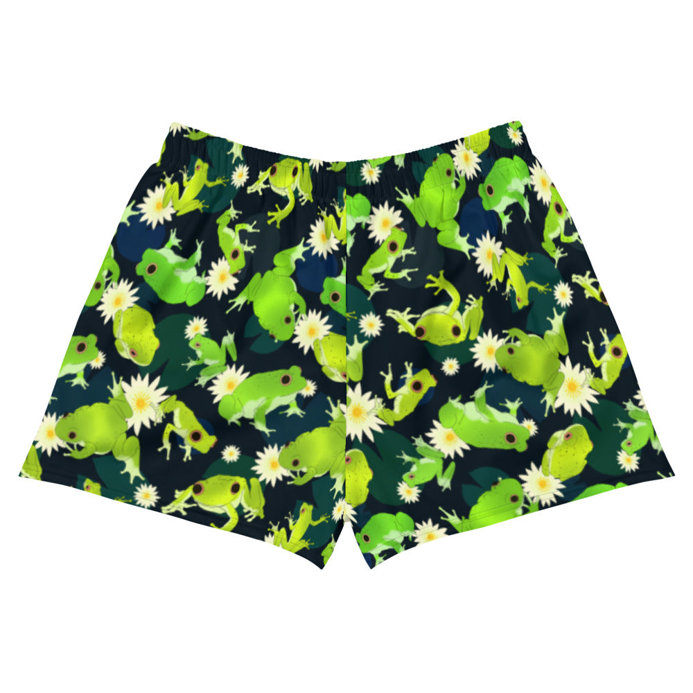 Kero-kero Athletic Short Shorts feature a vibrant frog print, perfect for comfort and style during workouts.