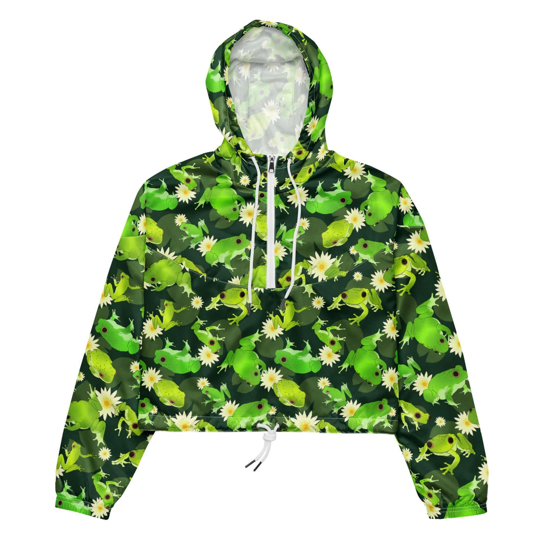 Lightweight Kero-kero cropped windbreaker with vibrant frog design, perfect for rainy adventures and stylish hikes.