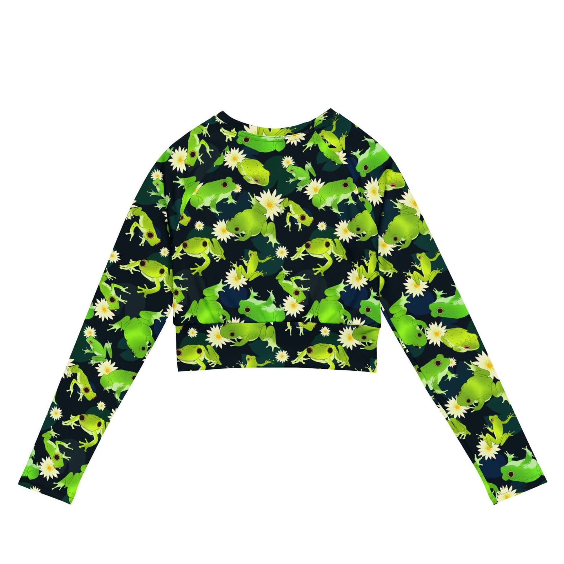 Bright green Kero-kero Long-sleeved Crop Top featuring frogs and flowers, perfect for eco-friendly athleisure.