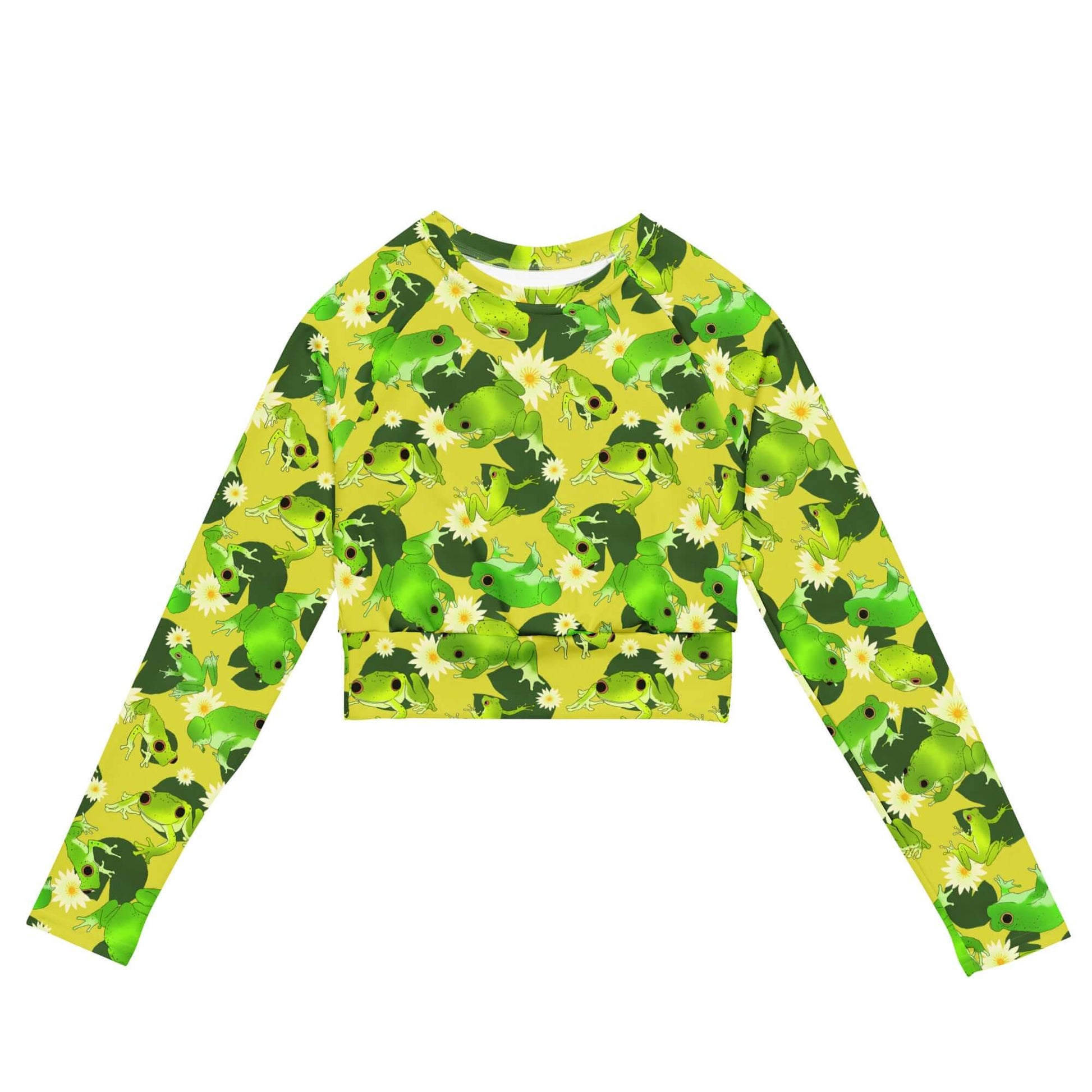 Kero-kero Long-sleeved Crop Top features a vibrant frog design, eco-friendly fabric perfect for sports and athleisure.