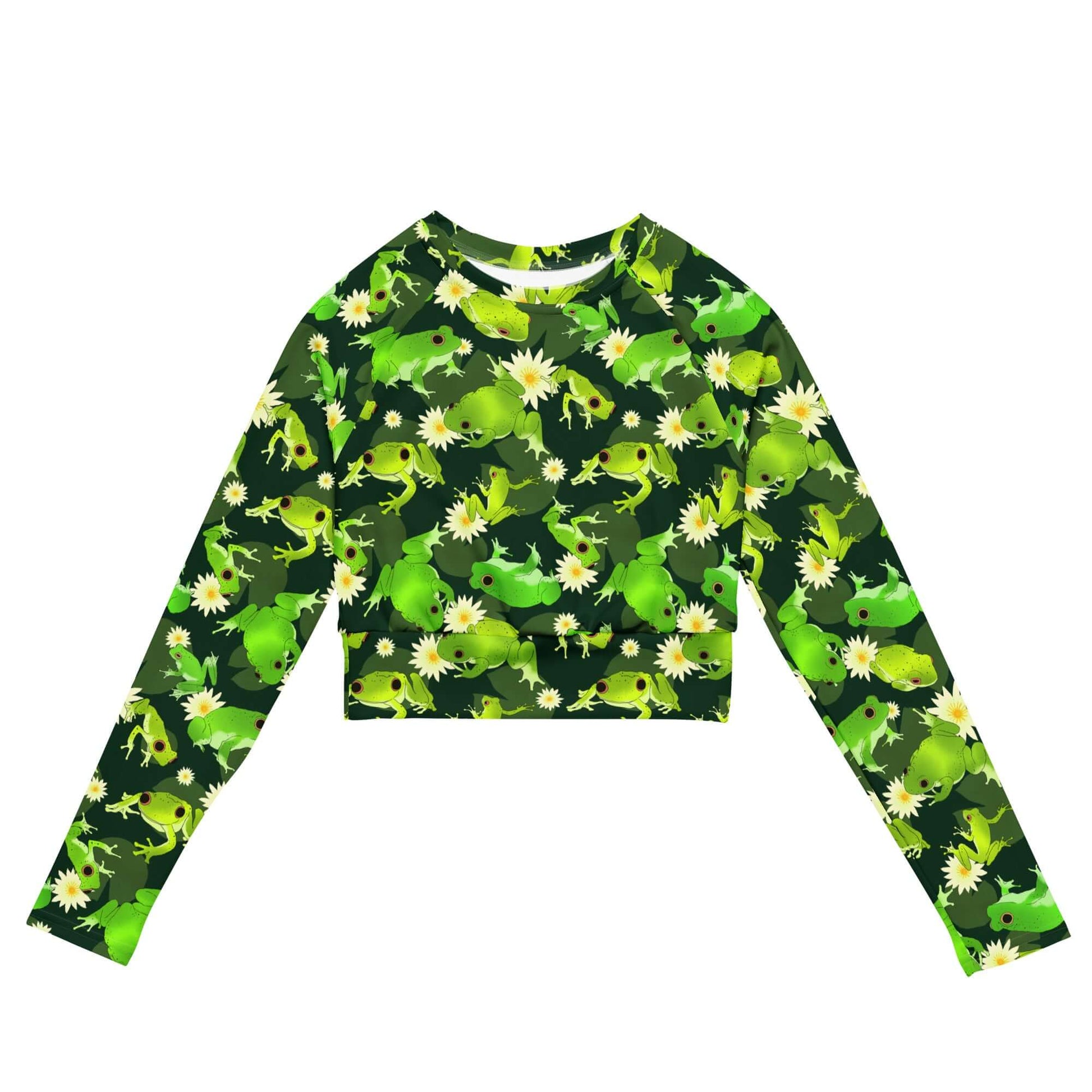 Kero-kero Long-sleeved Crop Top features a fun frog design, perfect for eco-friendly athleisure and sportswear.