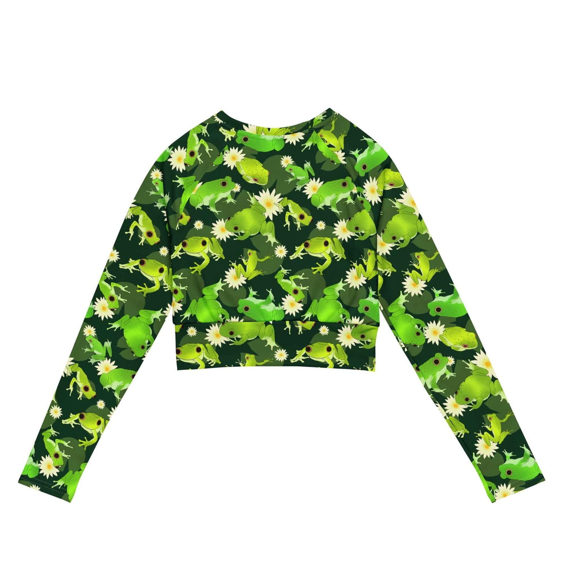 Kero-kero Long-sleeved Crop Top features fun frog patterns, ideal for eco-friendly athleisure and sportswear.