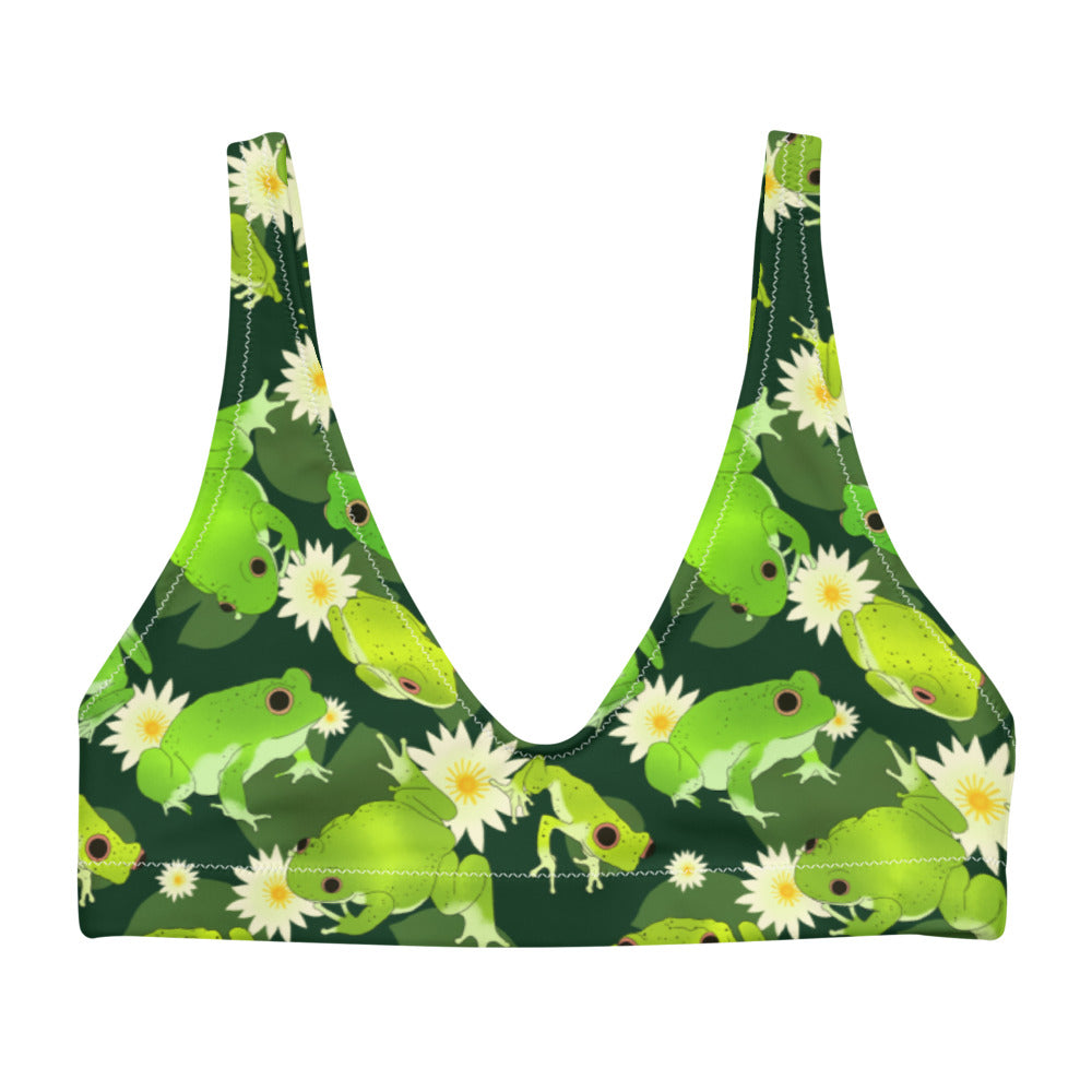 Stylish Kero-kero Padded Bikini Top featuring a unique frog and lily pad design for a comfortable fit. Perfect for summer!