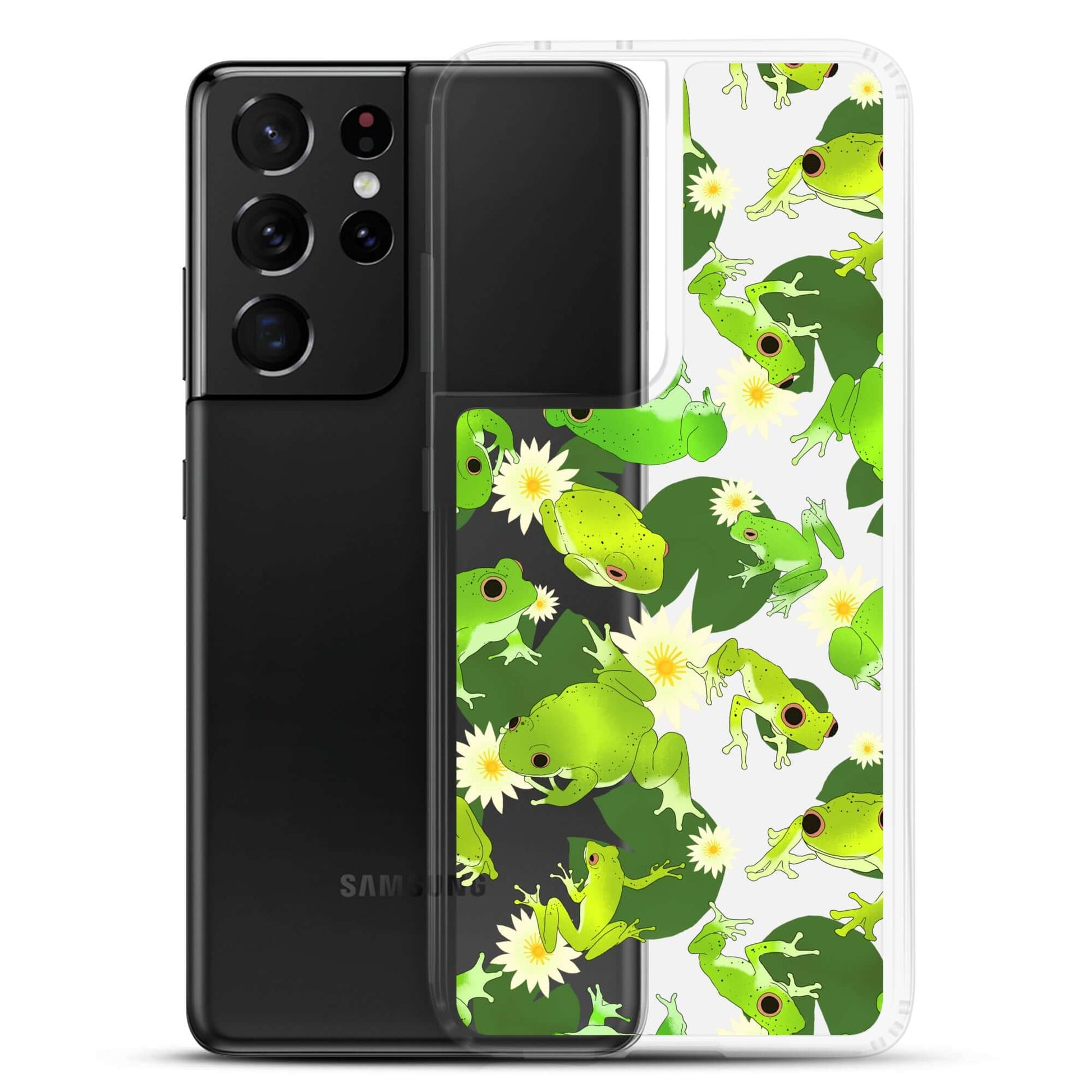 Kero-kero Samsung® Clear Case features vibrant frog designs, protecting your phone while showcasing your love for frogs.