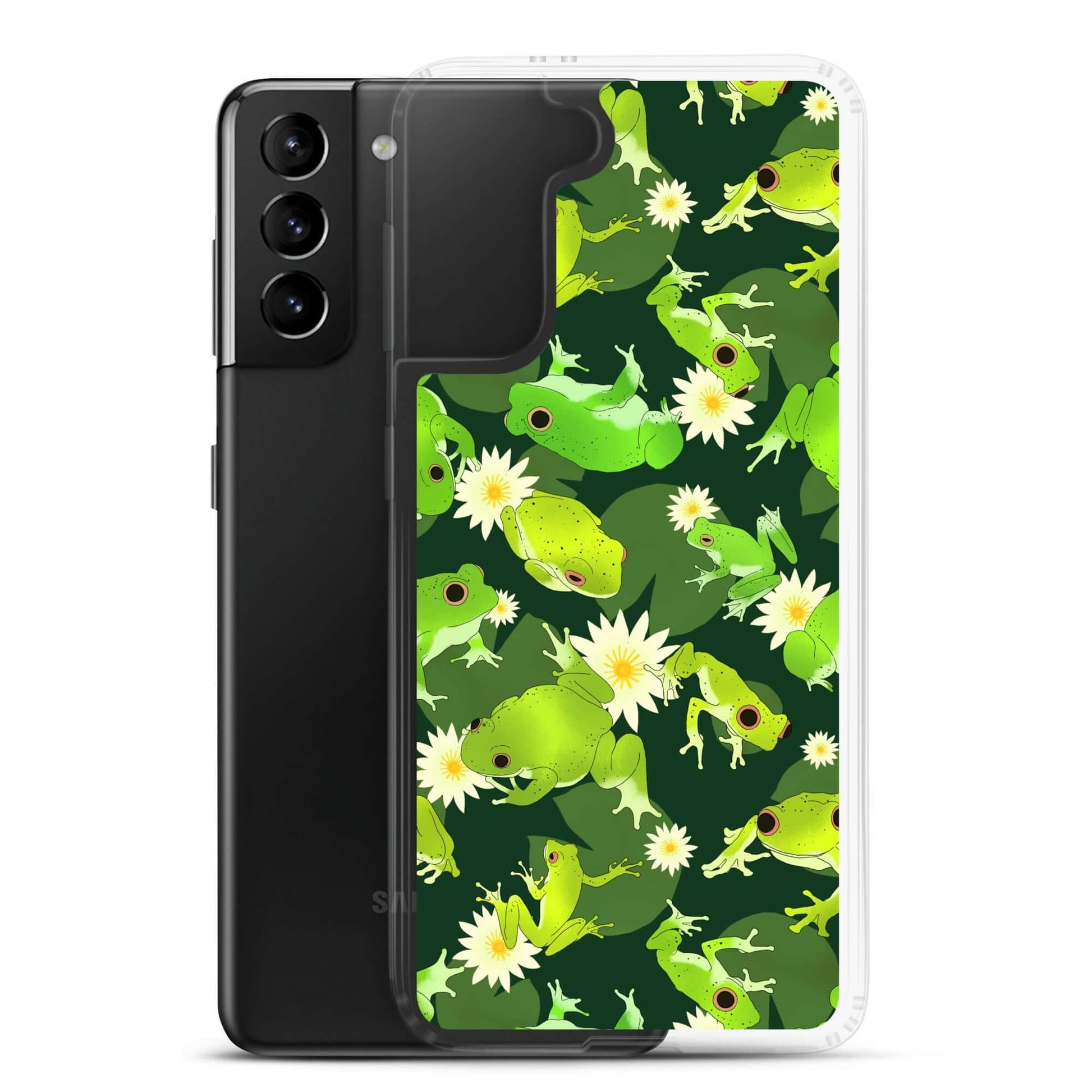 Kero-kero Samsung® Clear Case featuring vibrant frogs and flowers, perfect for frog lovers and herpetologists.