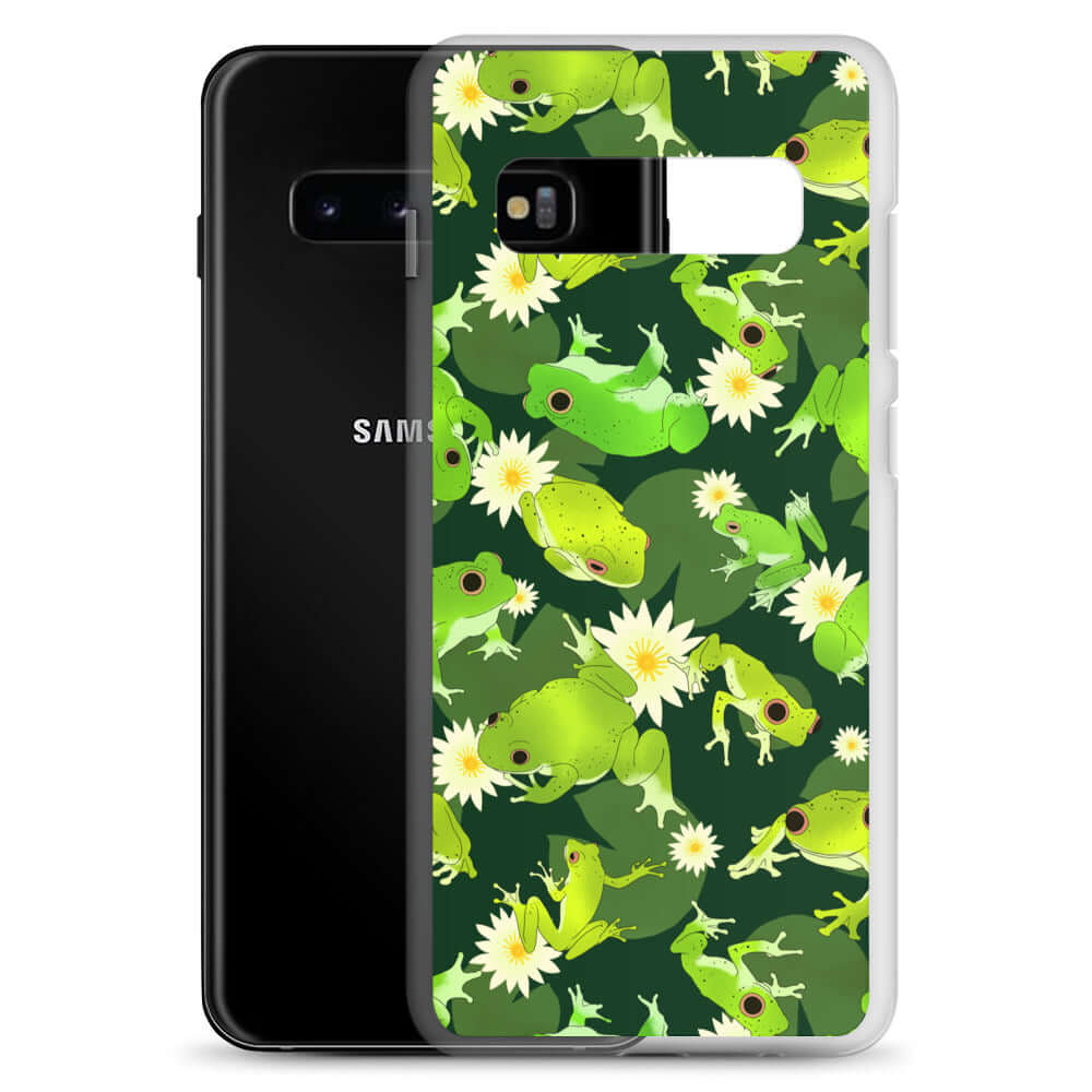 Kero-kero Samsung® Clear Case features vibrant frogs, offering stylish protection for your phone from scratches and dirt.