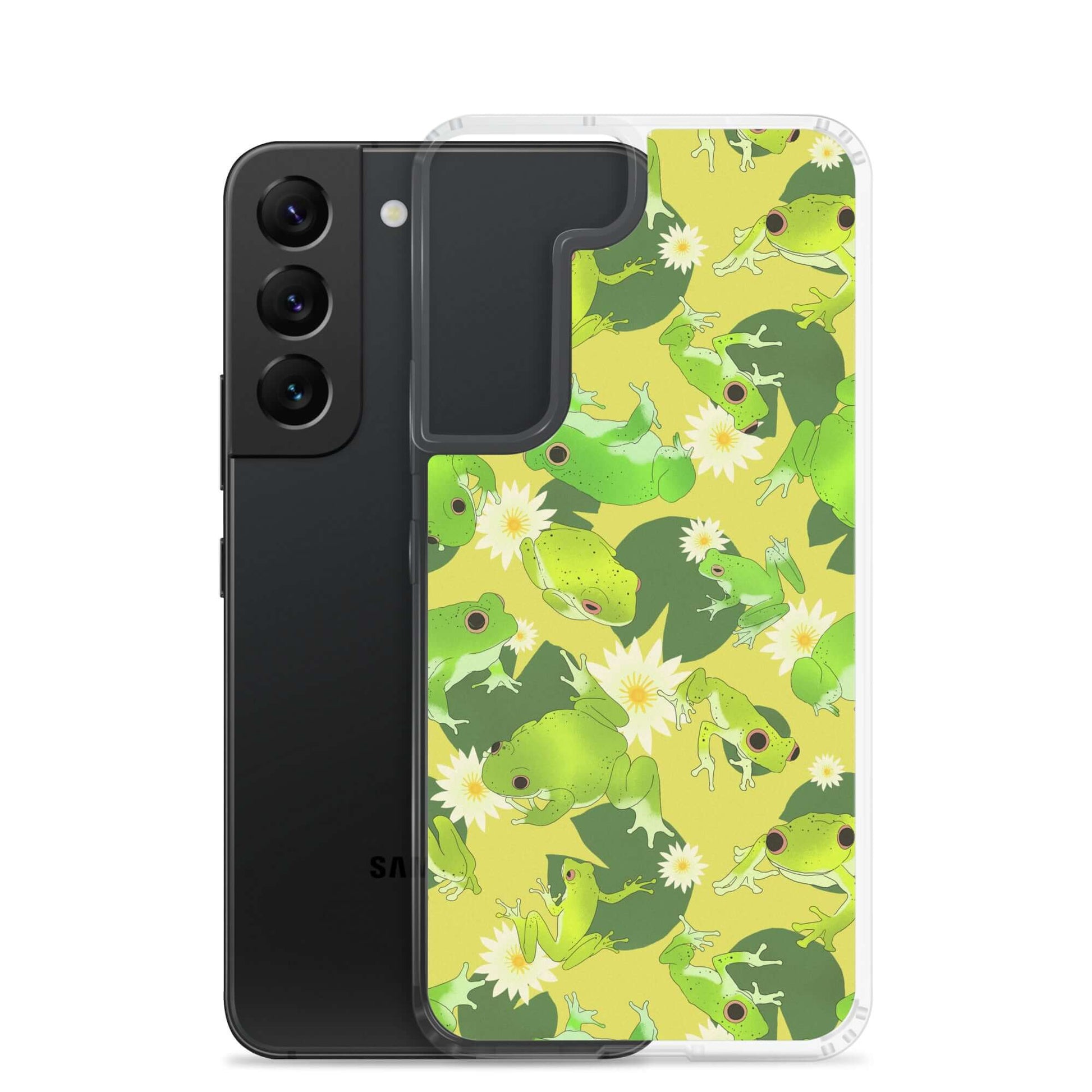 Stylish Kero-kero Samsung® Clear Case featuring vibrant frog designs, perfect for phone protection and frog enthusiasts.