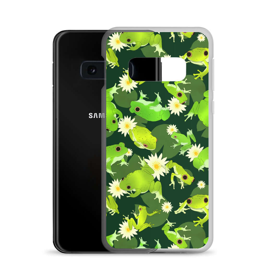 Kero-kero Samsung® Clear Case showcasing vibrant frogs, perfect for frog lovers and protecting your phone stylishly.