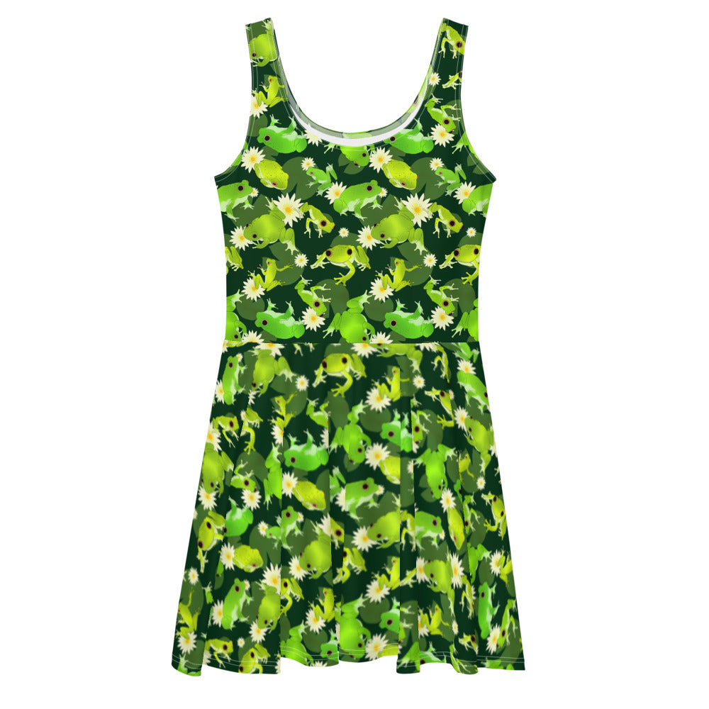 Kero-kero Skater Dress featuring vibrant frog and lily pad design, perfect for showcasing your style and legs.