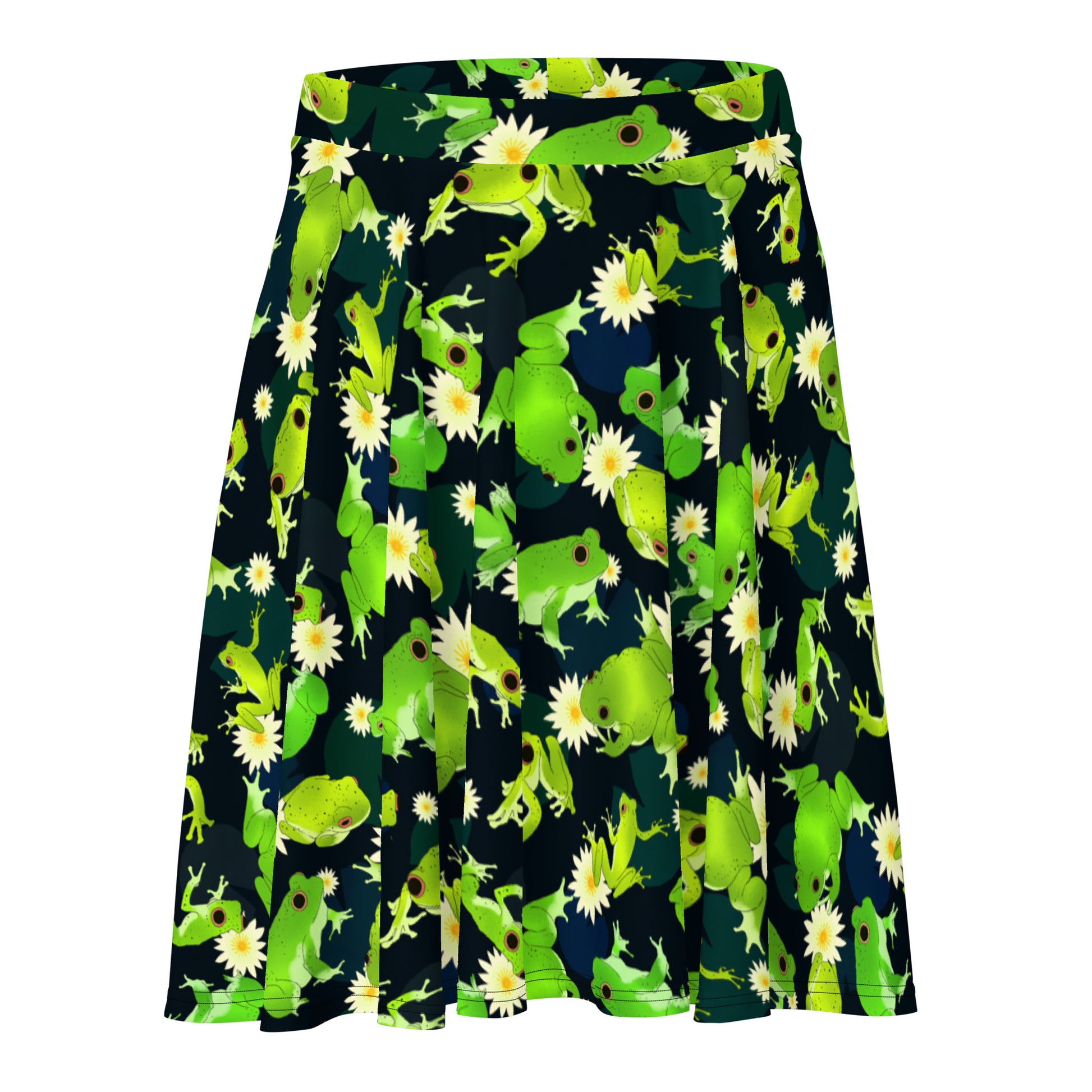 Kero-kero Skater Skirt features a vibrant frog print, perfect for showcasing your style and comfort with an elastic waistband.