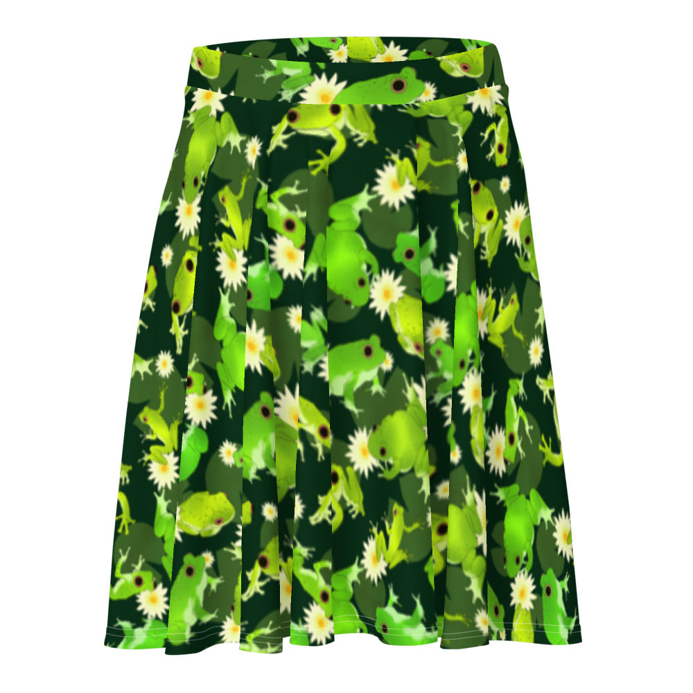 Flattering and comfy Kero-kero Skater Skirt with vibrant frog and flower print, perfect for showcasing your style.