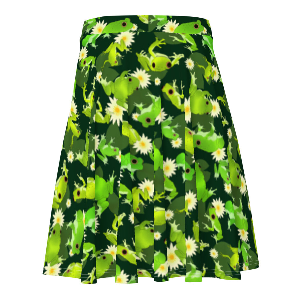 Flattering Kero-kero Skater Skirt with a vibrant frog print, perfect for comfort and style on any body type.