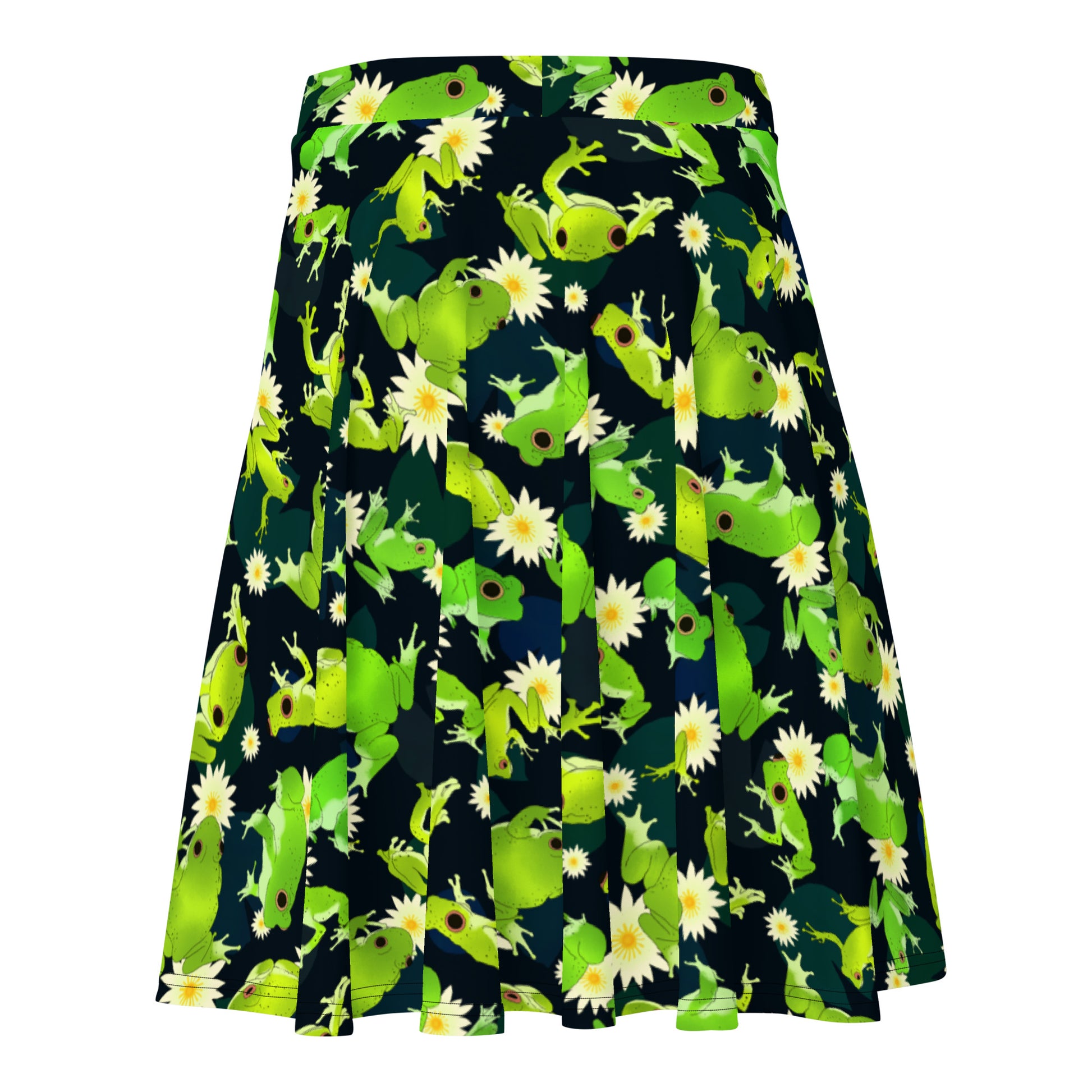 Flattering Kero-kero Skater Skirt with a fun frog print, perfect for showcasing your legs in comfort and style.