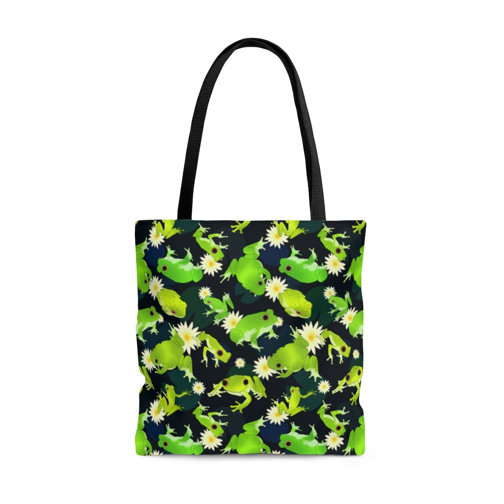 Kero-kero Tote Bag (Blue) features a vibrant frog design, perfect for fans and herpetologists alike.