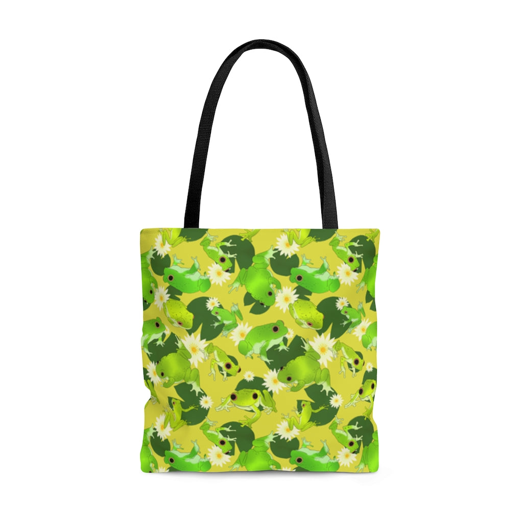 Bright and playful Kero-kero Tote Bag (Yellow) features frog designs, perfect for frog fans on the go!