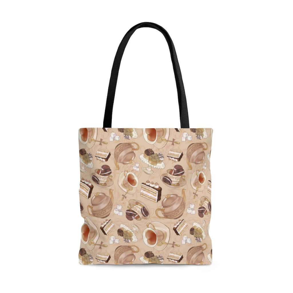 Stylish Café Tote Bag (Latte) featuring a delightful coffee-themed design, perfect for any outing or outfit.