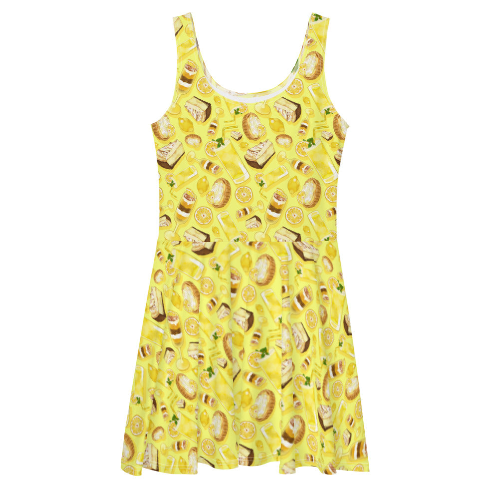 Bright and vibrant Lemon Skater Dress featuring a flared skirt and refreshing lemon design, perfect for any occasion.