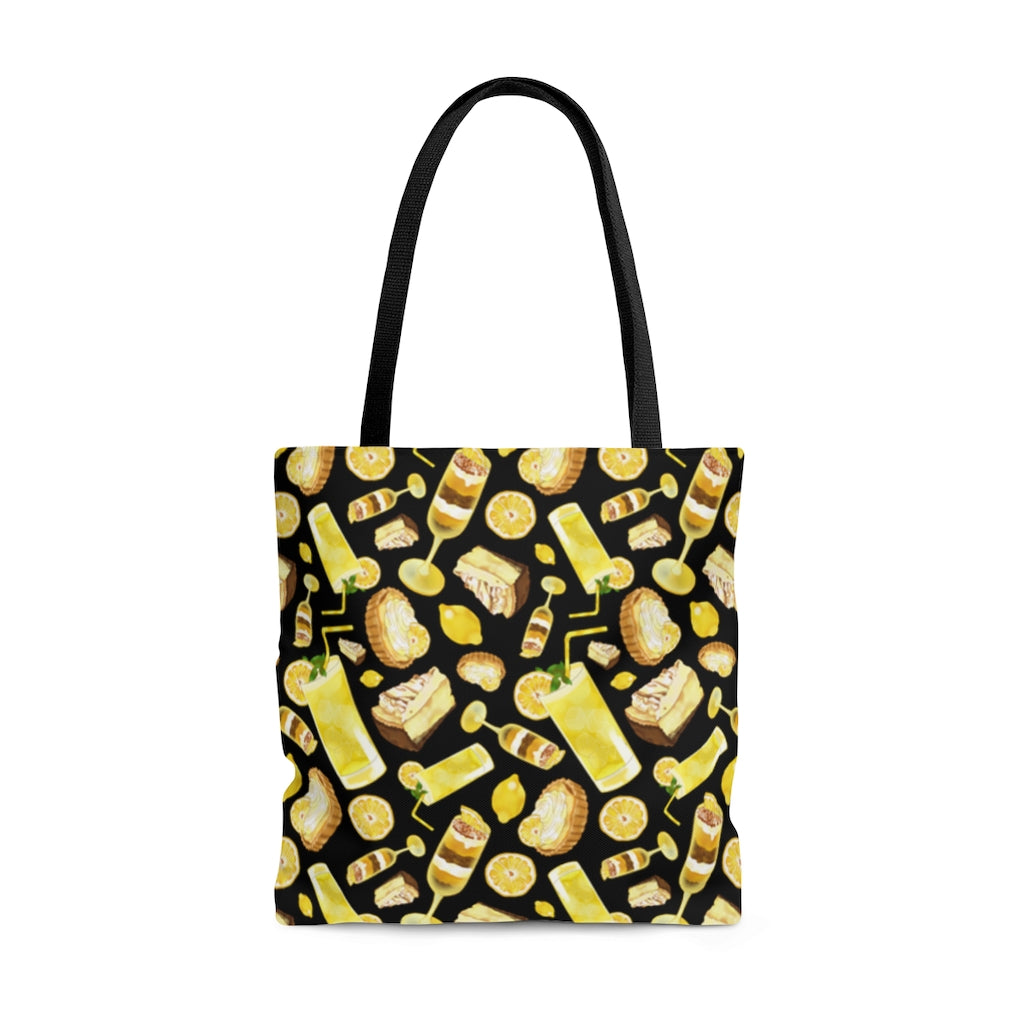 Stylish Lemon Tote Bag (Black) featuring a vibrant lemon pattern, perfect for everyday use and easy to carry.