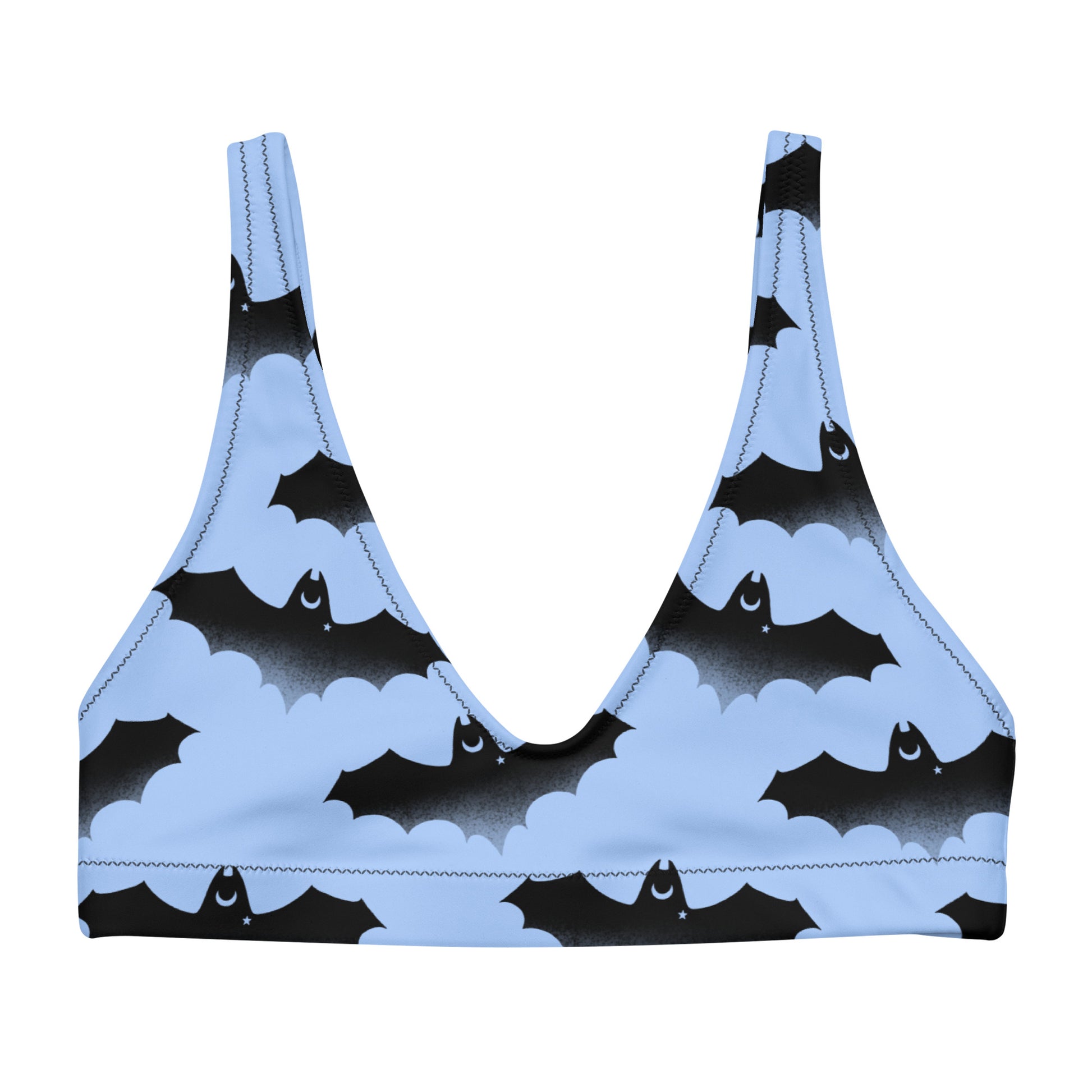 Stylish Lilith Padded Bikini Top featuring a fun bat print, perfect for sunny days at the beach or pool.