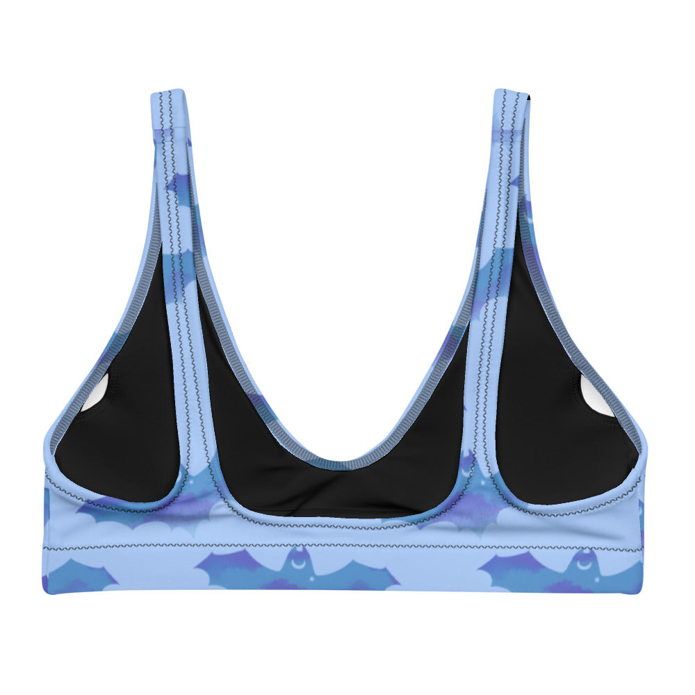 Lilith Padded Bikini Top features a unique bat print, perfect for sunny days and stylish beach outings.