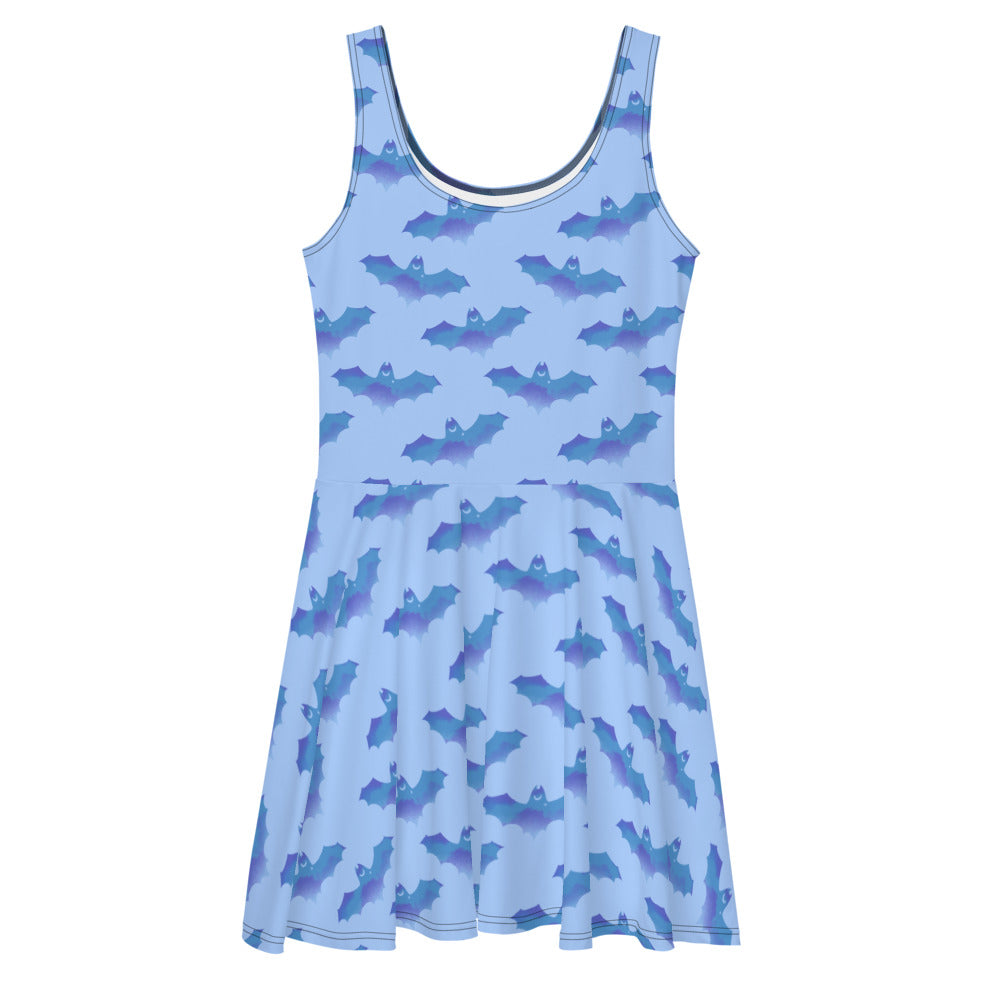 Explore the playful Lilith Skater Dress featuring a fun bat print, perfect for sunny outings. Ideal for unique style!