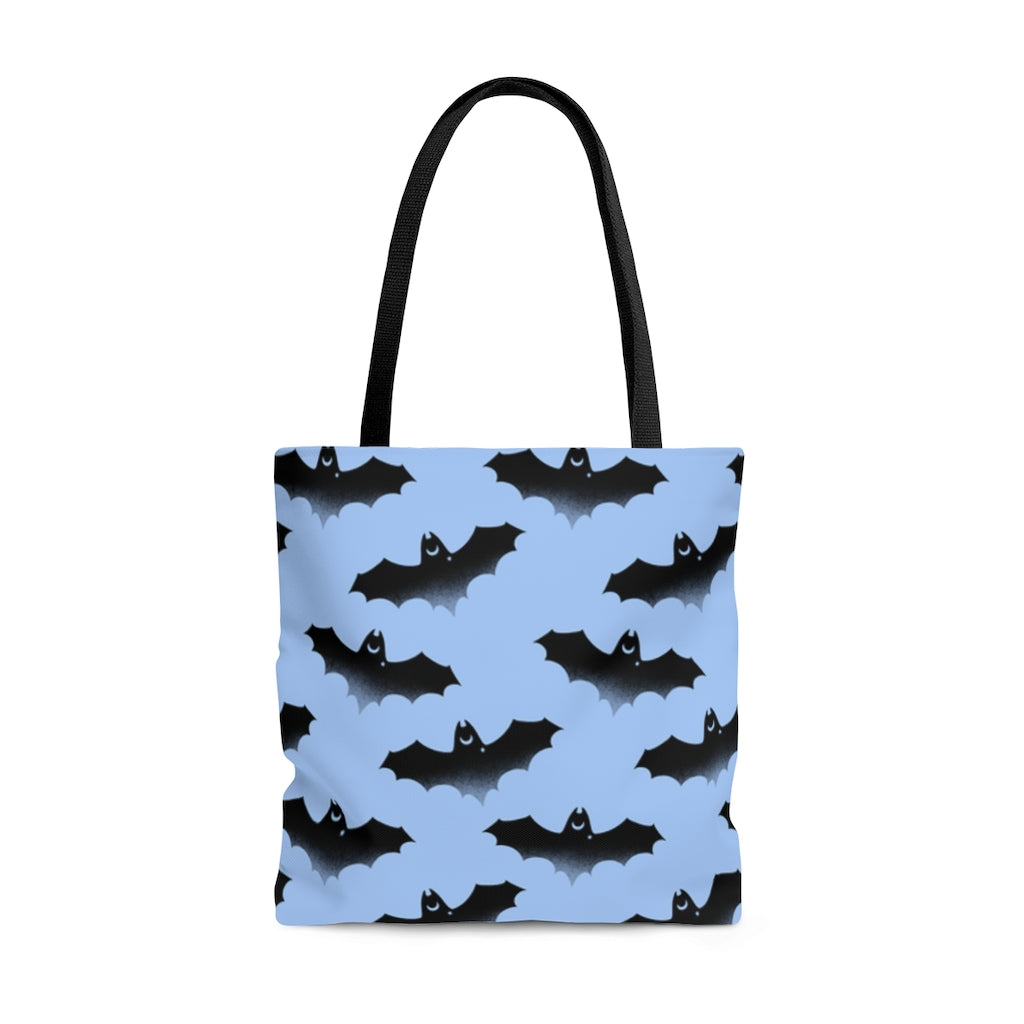 Stylish Lilith Tote Bag (Black/Blue) featuring a unique bat design, perfect for any occasion or outfit.
