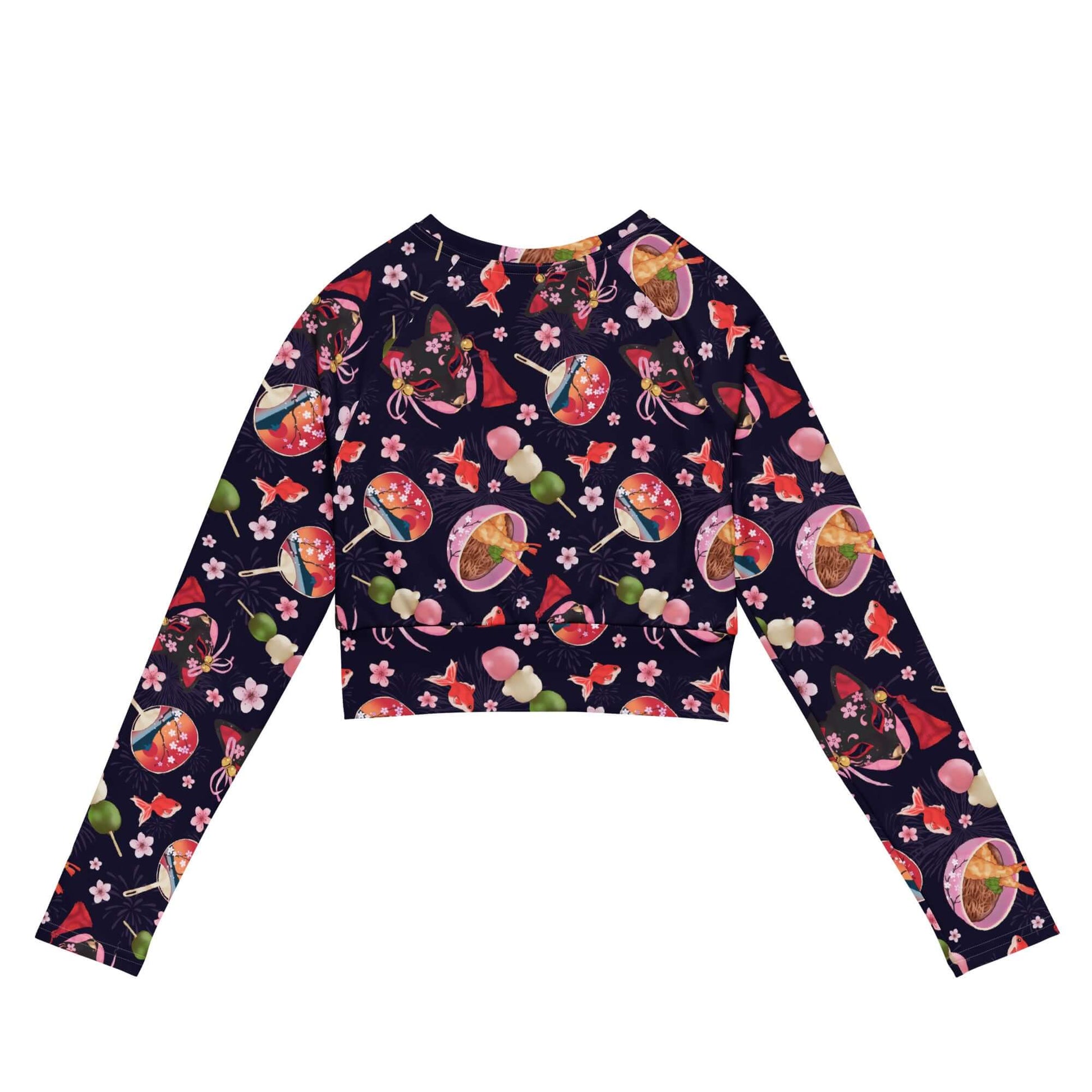 Matsuri Long-sleeved Crop Top features a vibrant, eco-friendly design perfect for athleisure and sportswear outfits.