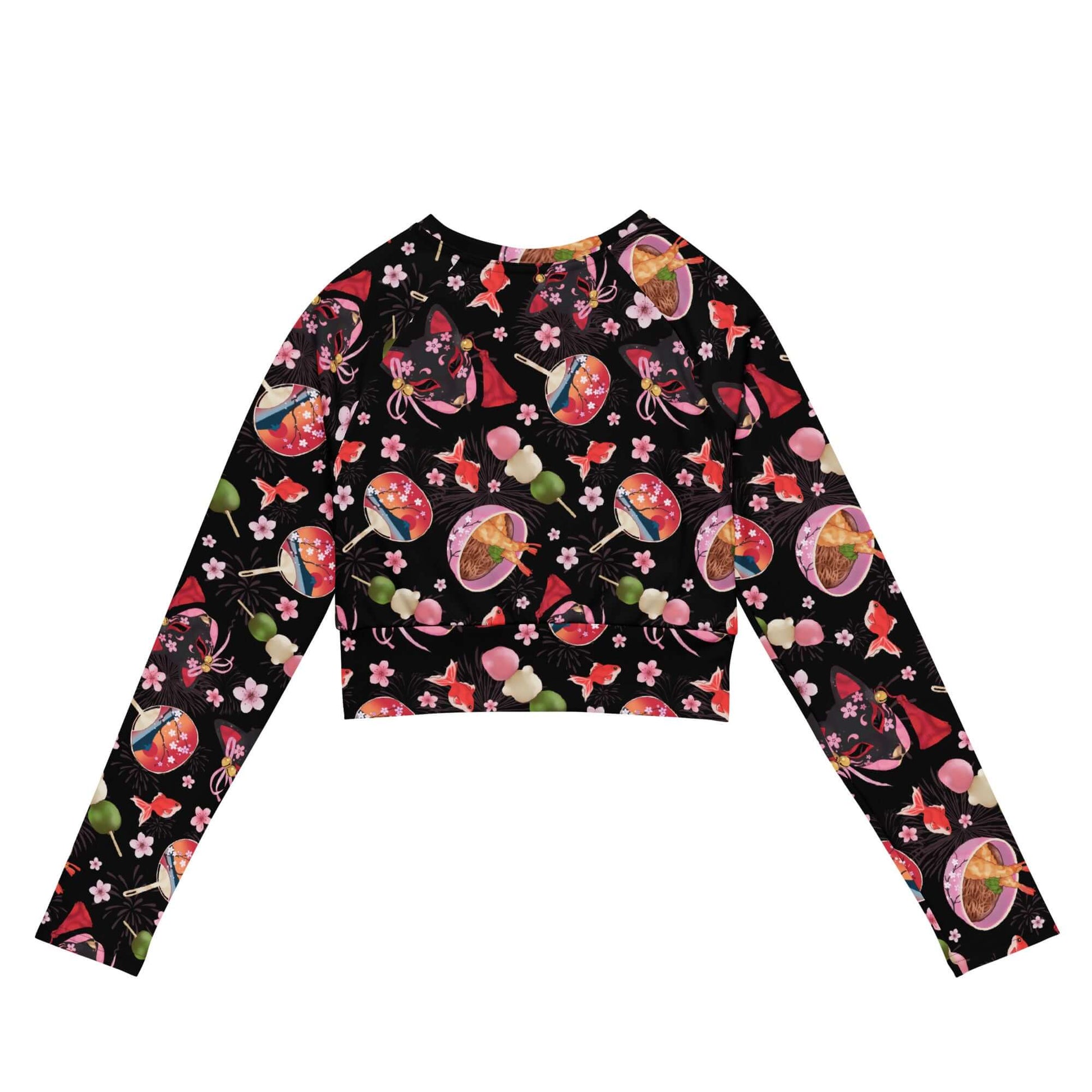 Matsuri Long-sleeved Crop Top features a vibrant print, perfect for eco-friendly athleisure and sports activities.