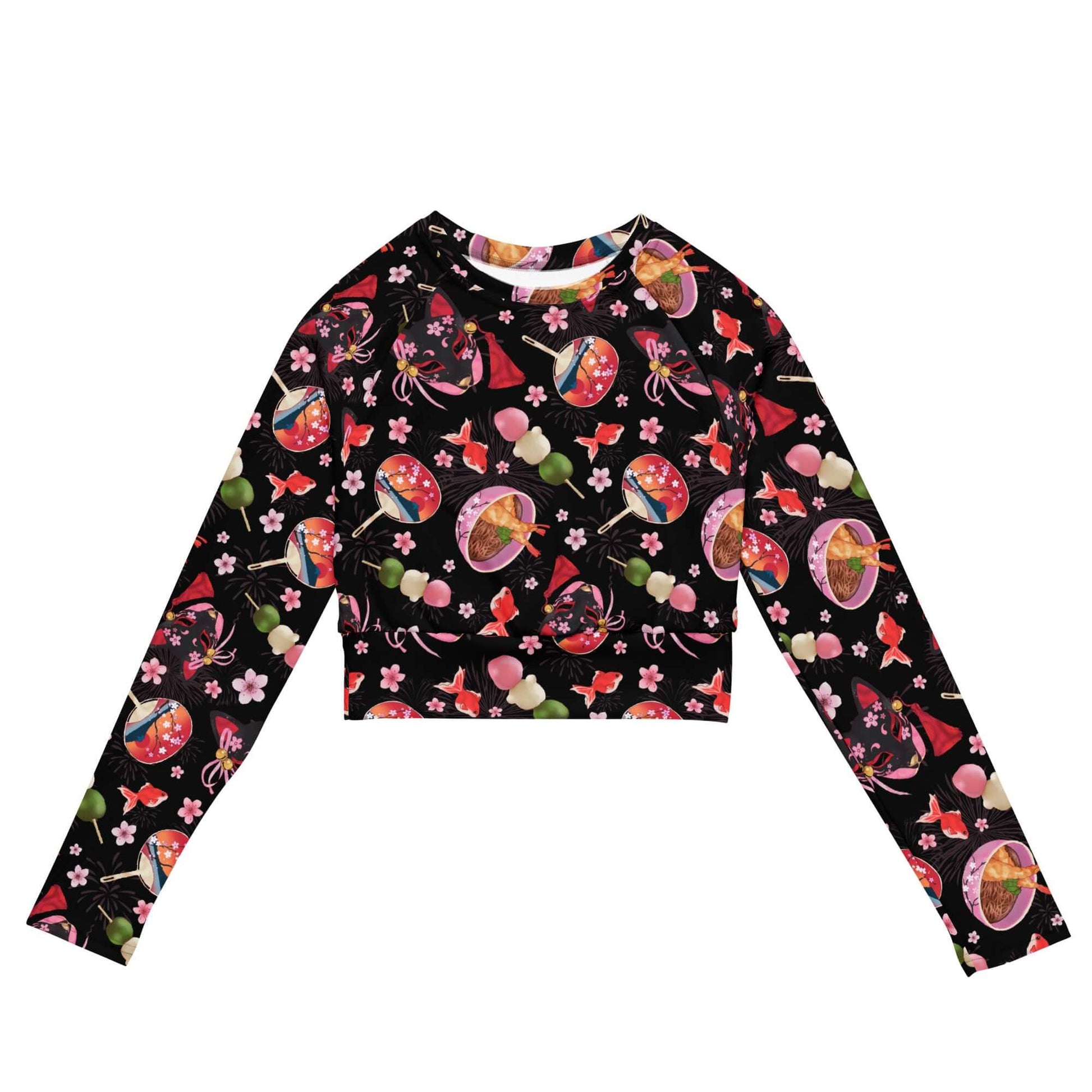 Stylish Matsuri Long-sleeved Crop Top in vibrant floral print, perfect for eco-friendly athleisure and sportswear.