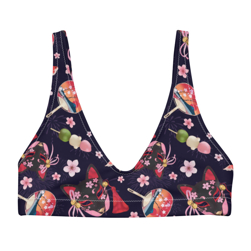 Matsuri Padded Bikini Top features a colorful design with dango, blossoms, and goldfish, perfect for spring and summer.