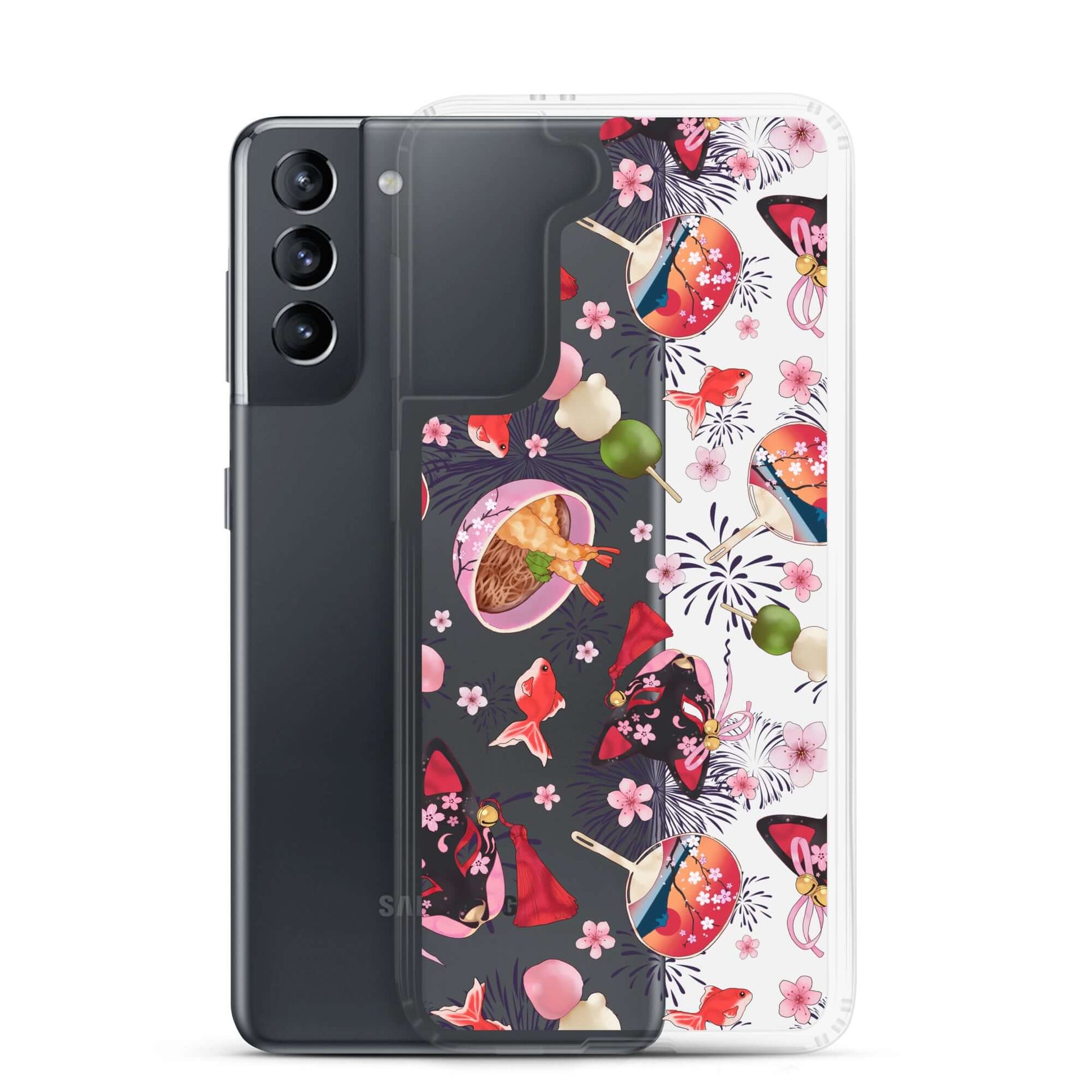 Matsuri Samsung® Clear Case showcasing vibrant festival designs, protecting your phone with style and durability.