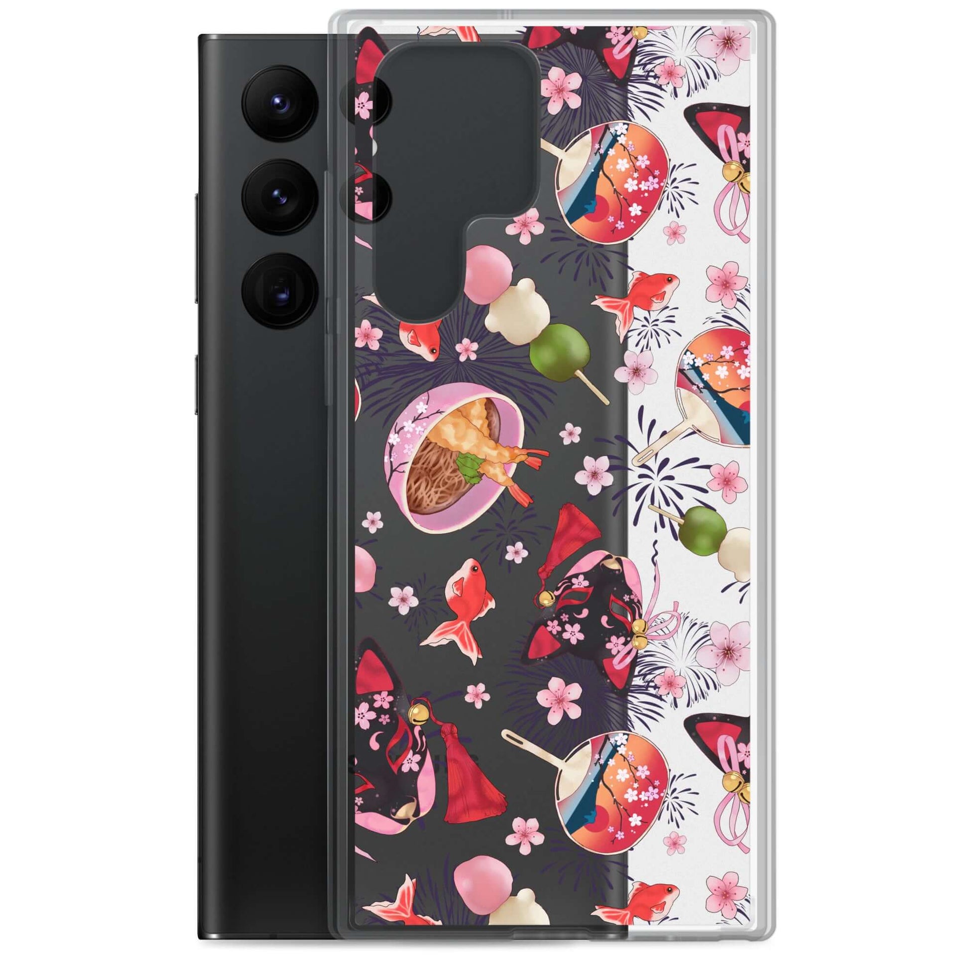 Colorful Matsuri Samsung® Clear Case showcasing vibrant festival designs, offering stylish protection for your phone.