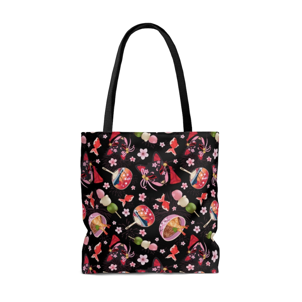 Stylish Matsuri Tote Bag (Black) features vibrant festival patterns, perfect for gym or beach outings.