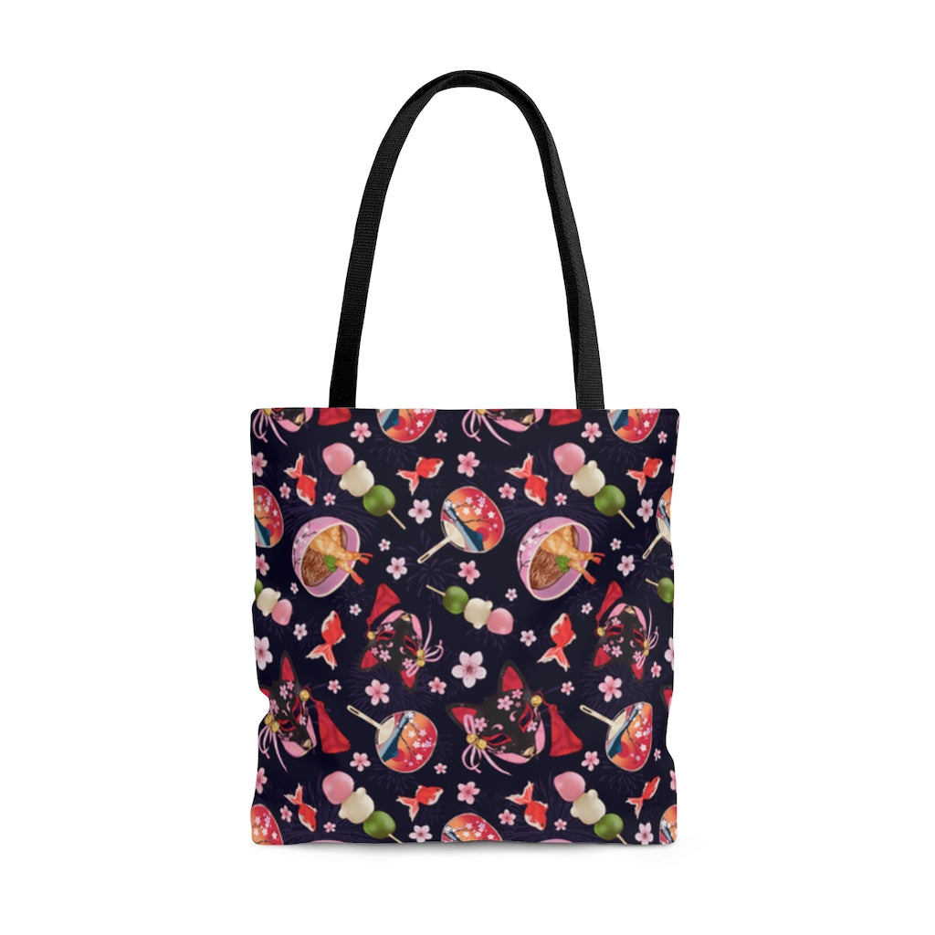 Matsuri Tote Bag (Indigo) features a vibrant Japanese festival design, perfect for gym or beach outings.
