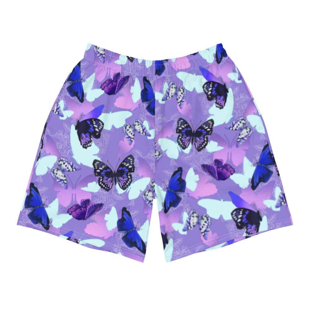 Men's Butterfly Athletic Shorts feature a vibrant butterfly print, perfect for running, swimming, or gym workouts.