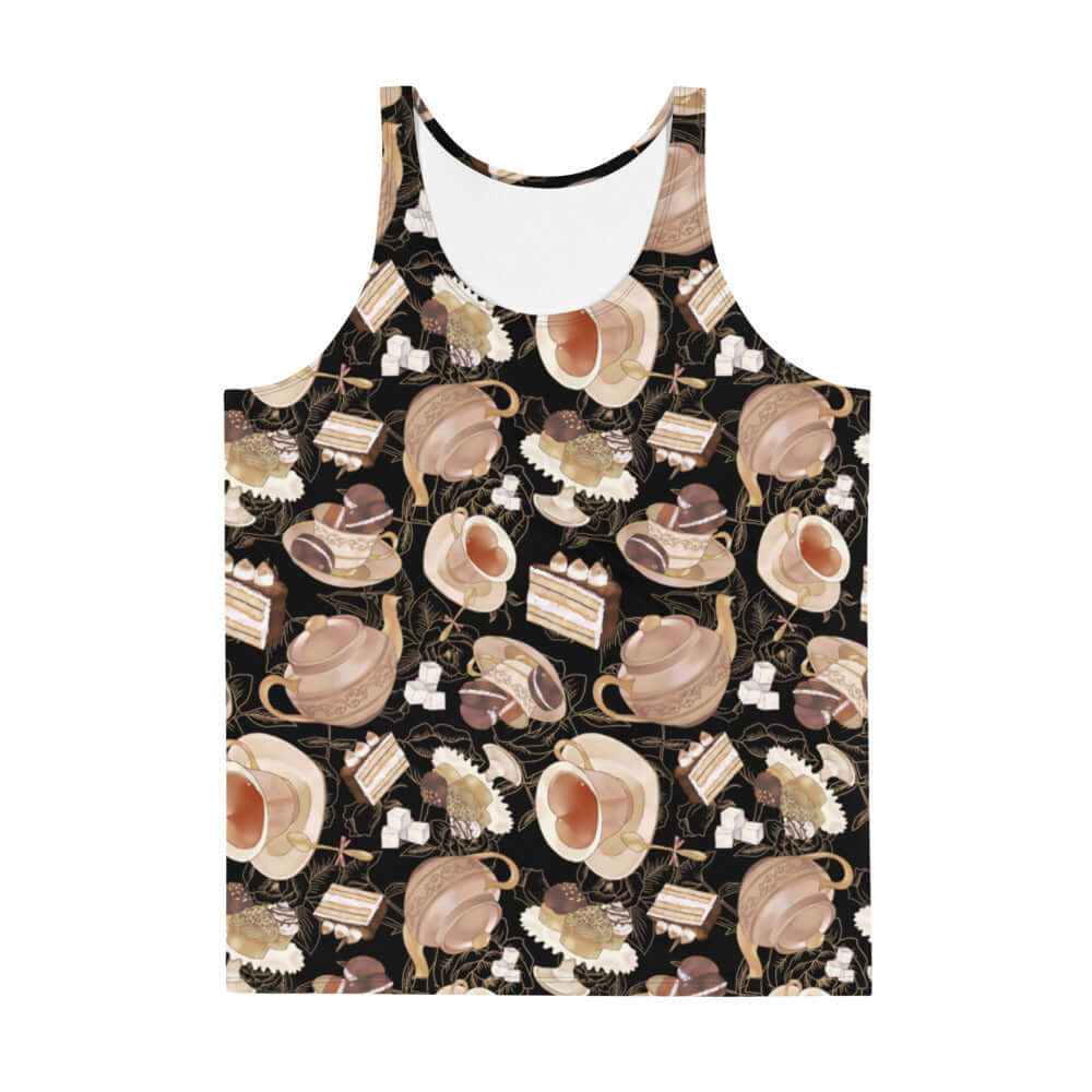 Stylish Men's Café Tank Top featuring a vibrant pattern of coffee cups and desserts for a relaxed, trendy look.