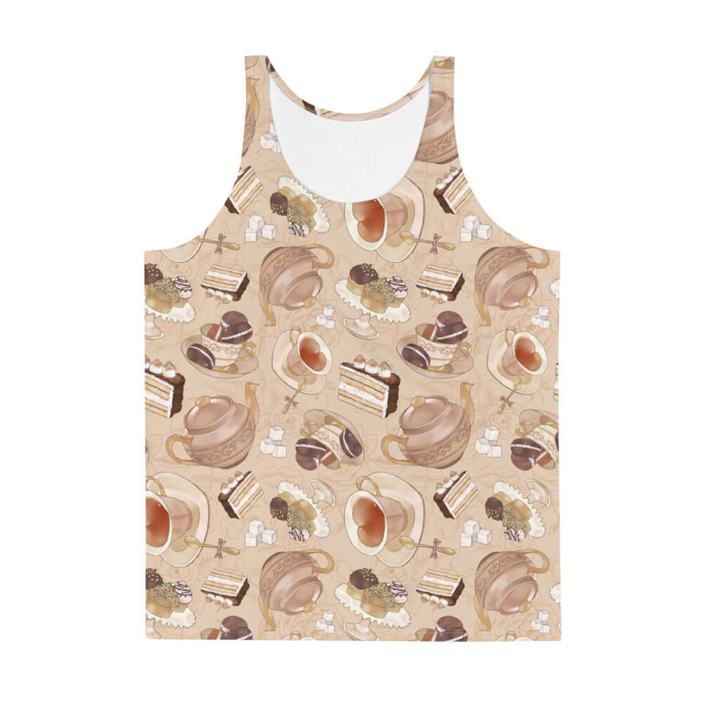 Stylish Men's Café Tank Top featuring a vibrant dessert print, perfect for a relaxed, fashionable look.